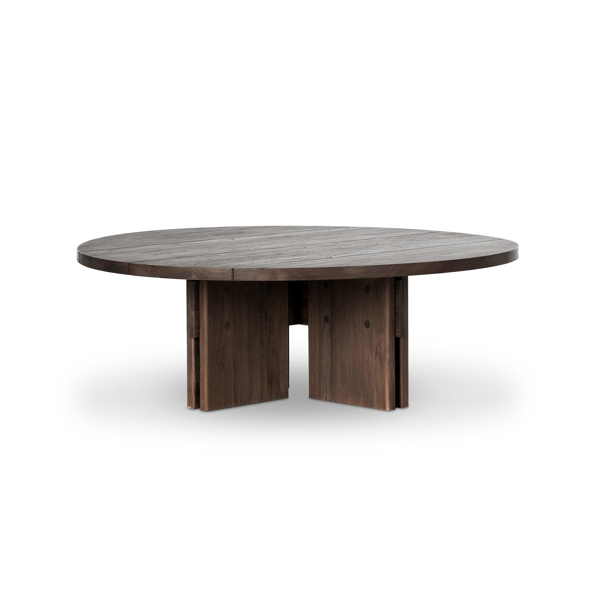 Solid teak round coffee table on a white background.