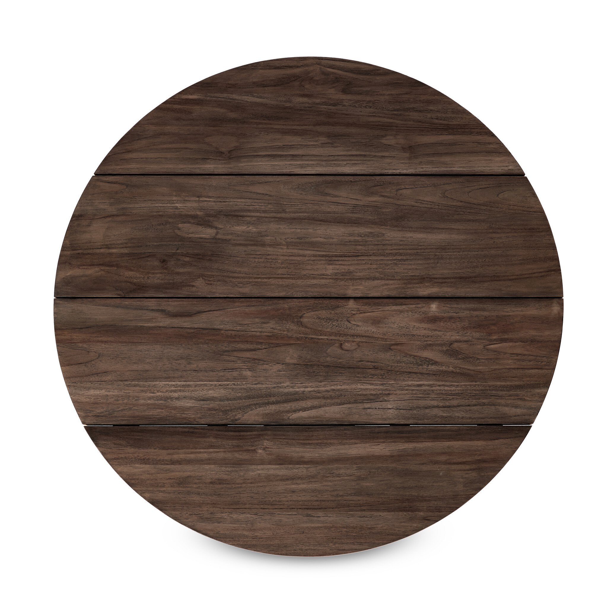 Overhead view of a solid teak round coffee table on a white background.