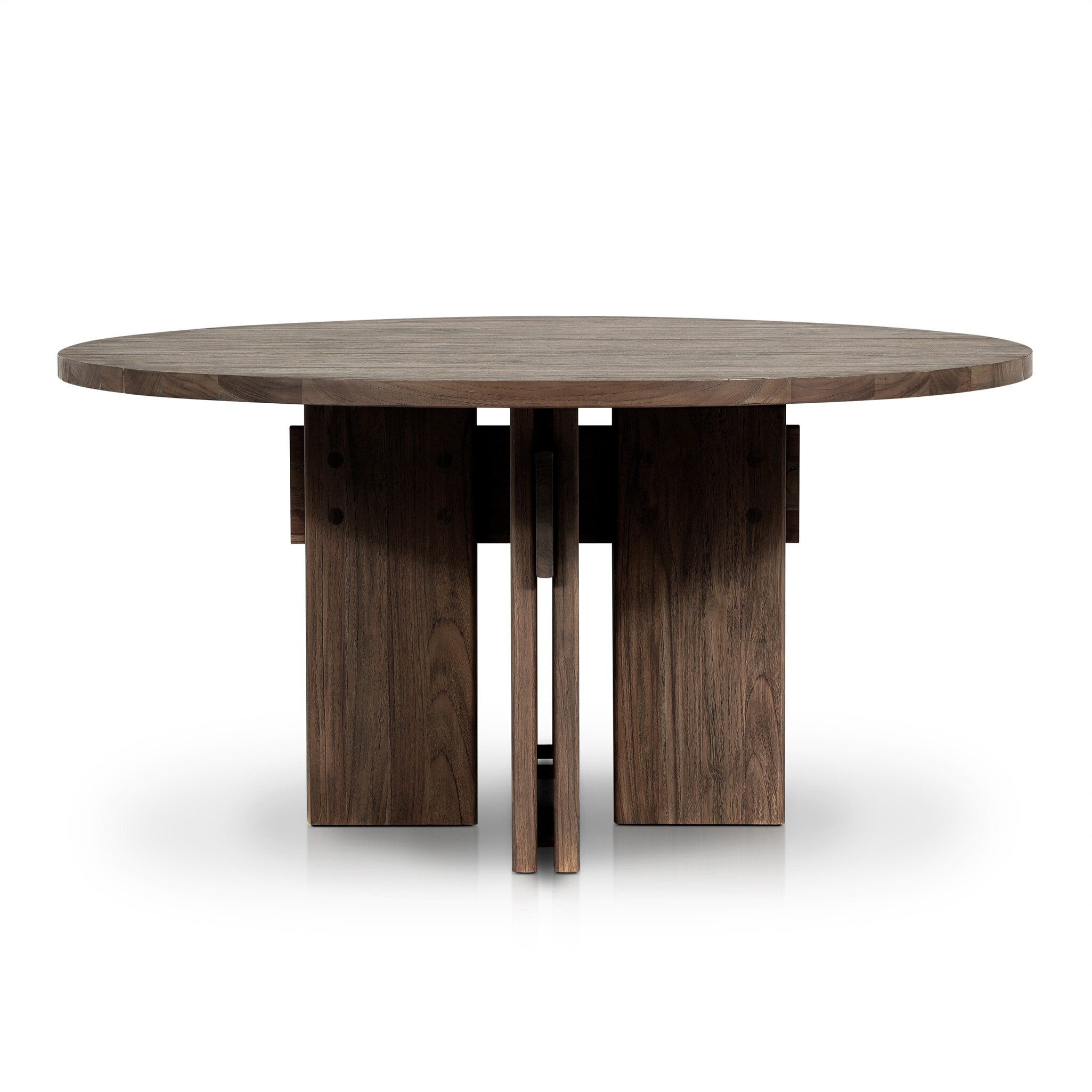Solid teak round dining table with a dark brown finish on a white background.