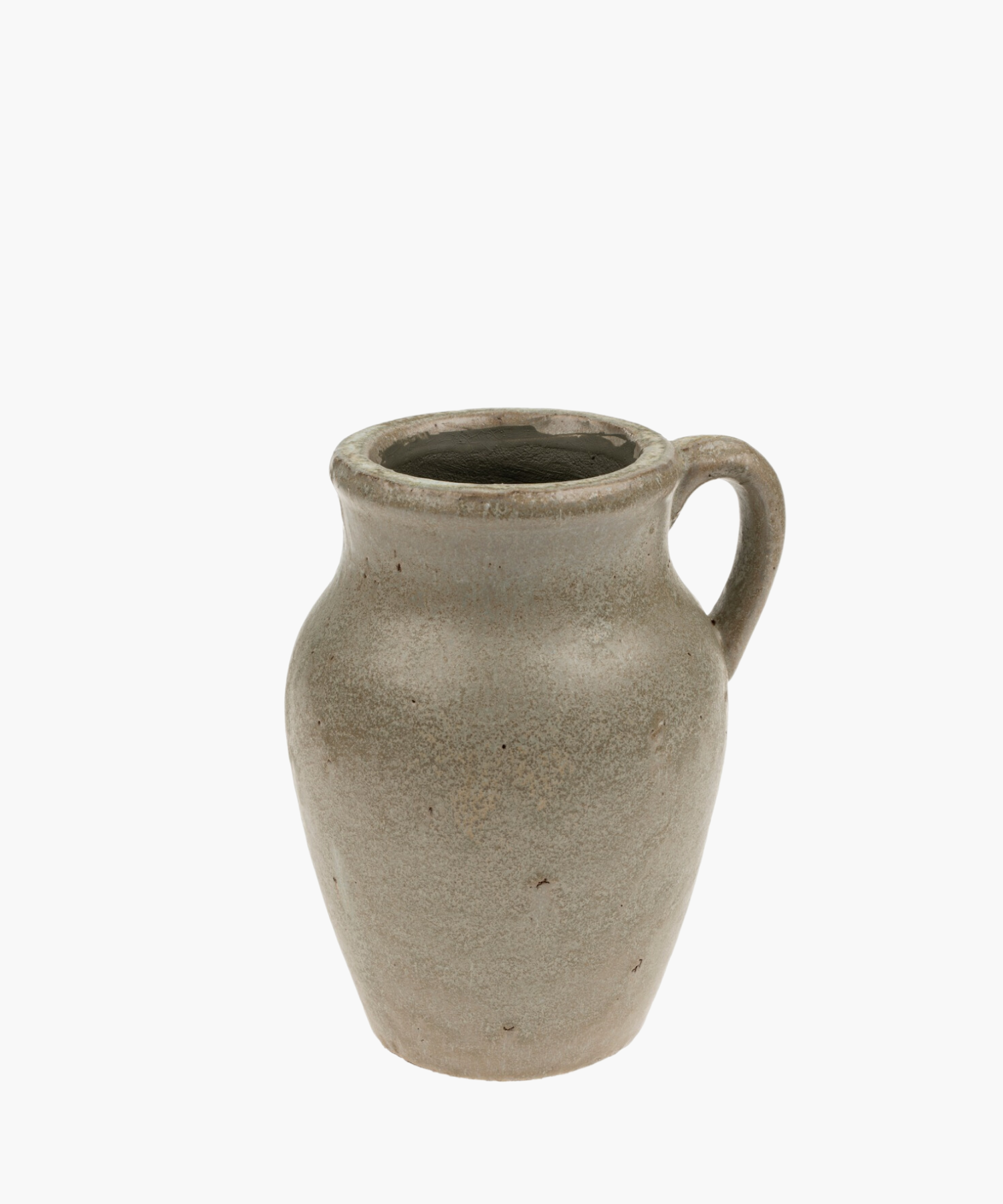 A rustic, gray ceramic pitcher vase with a single handle. Its simple design and smooth texture convey an antique, handmade aesthetic.