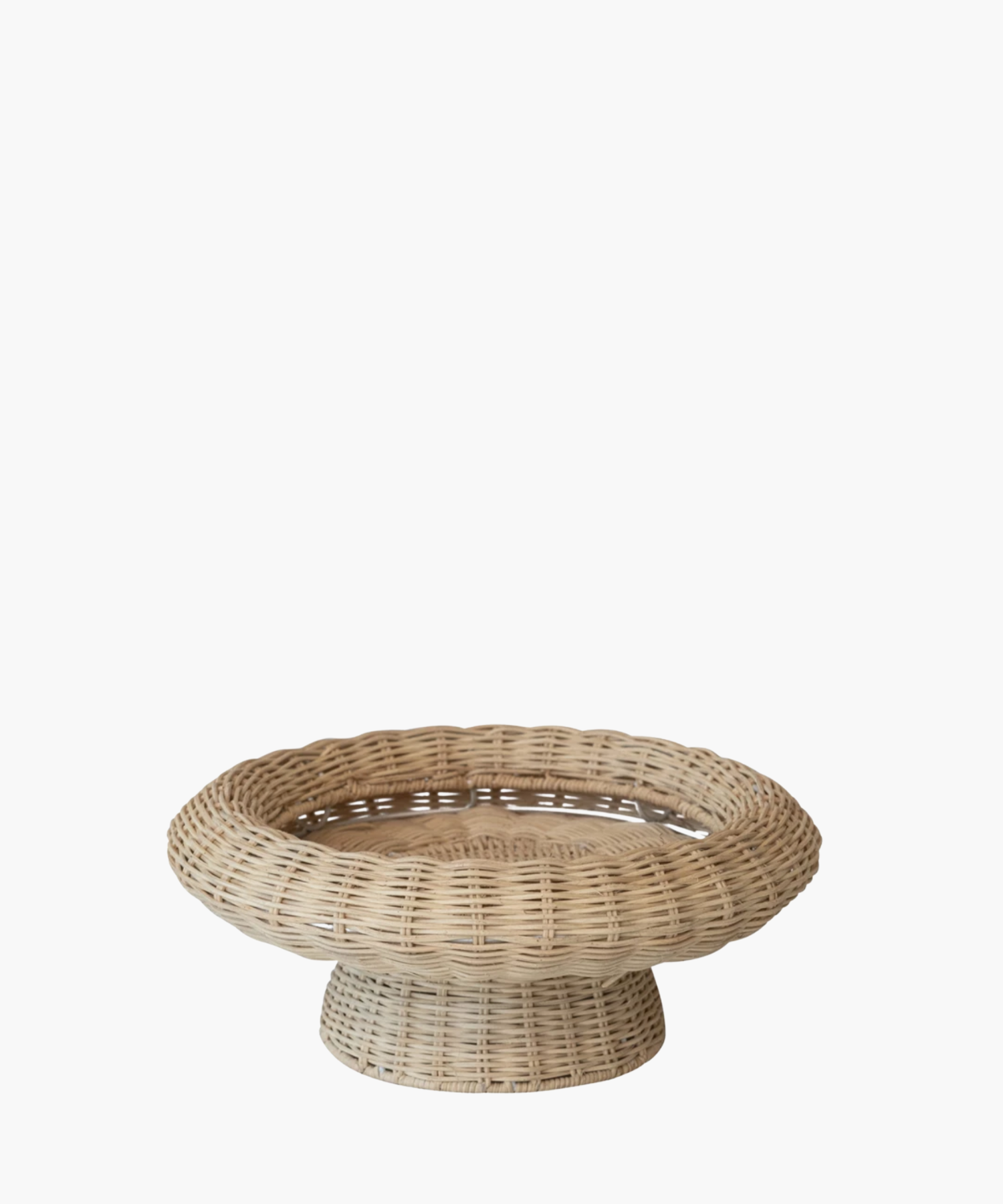 A woven rattan bowl with a broad circular base and flared, rounded top, displayed against a white background. The design is rustic and elegant.
