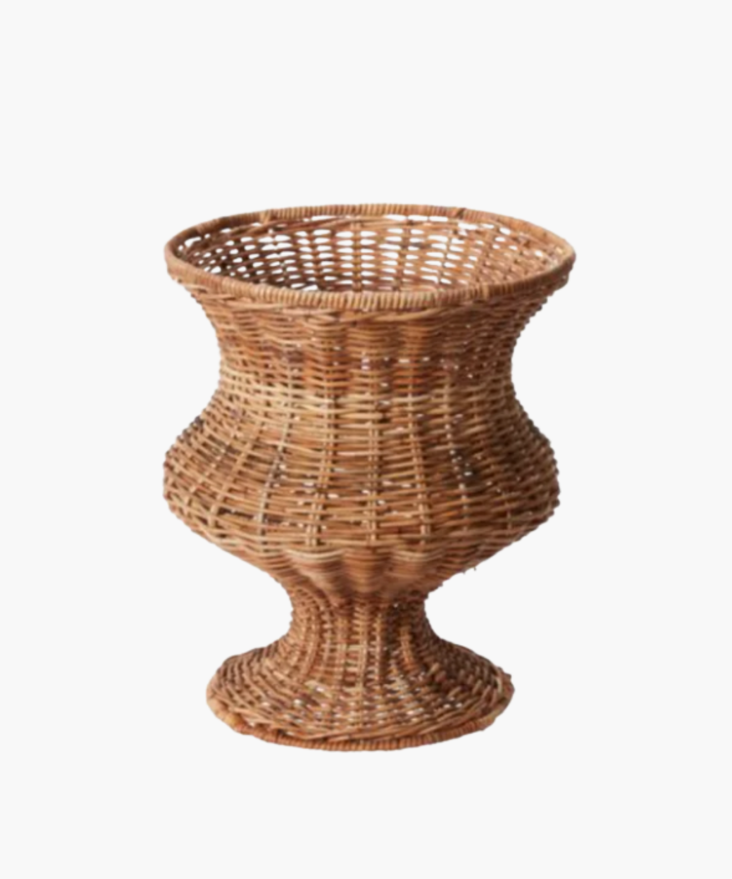 A woven wicker basket with an elegant hourglass shape, featuring an open weave pattern. The basket is brown and conveys a rustic, handcrafted feel.
