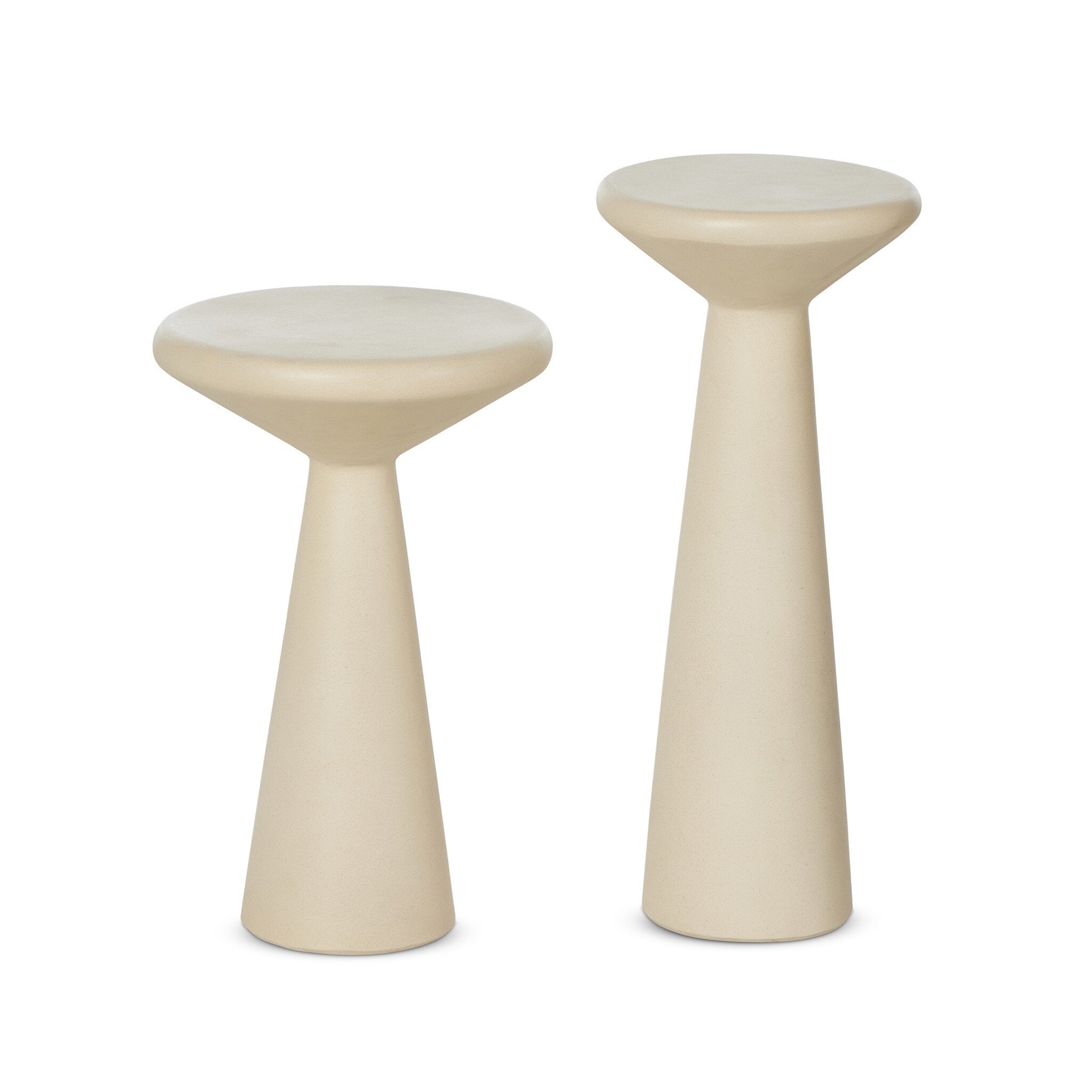 Two beige accent tables with round tops and different heights on a white background.