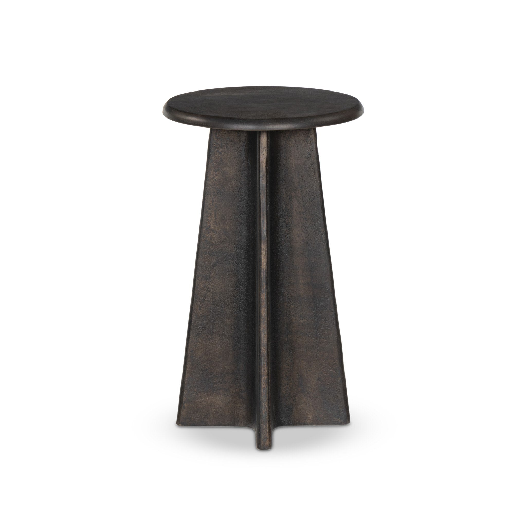 Distressed bronze side table with a round top and X-shaped base on a white background.
