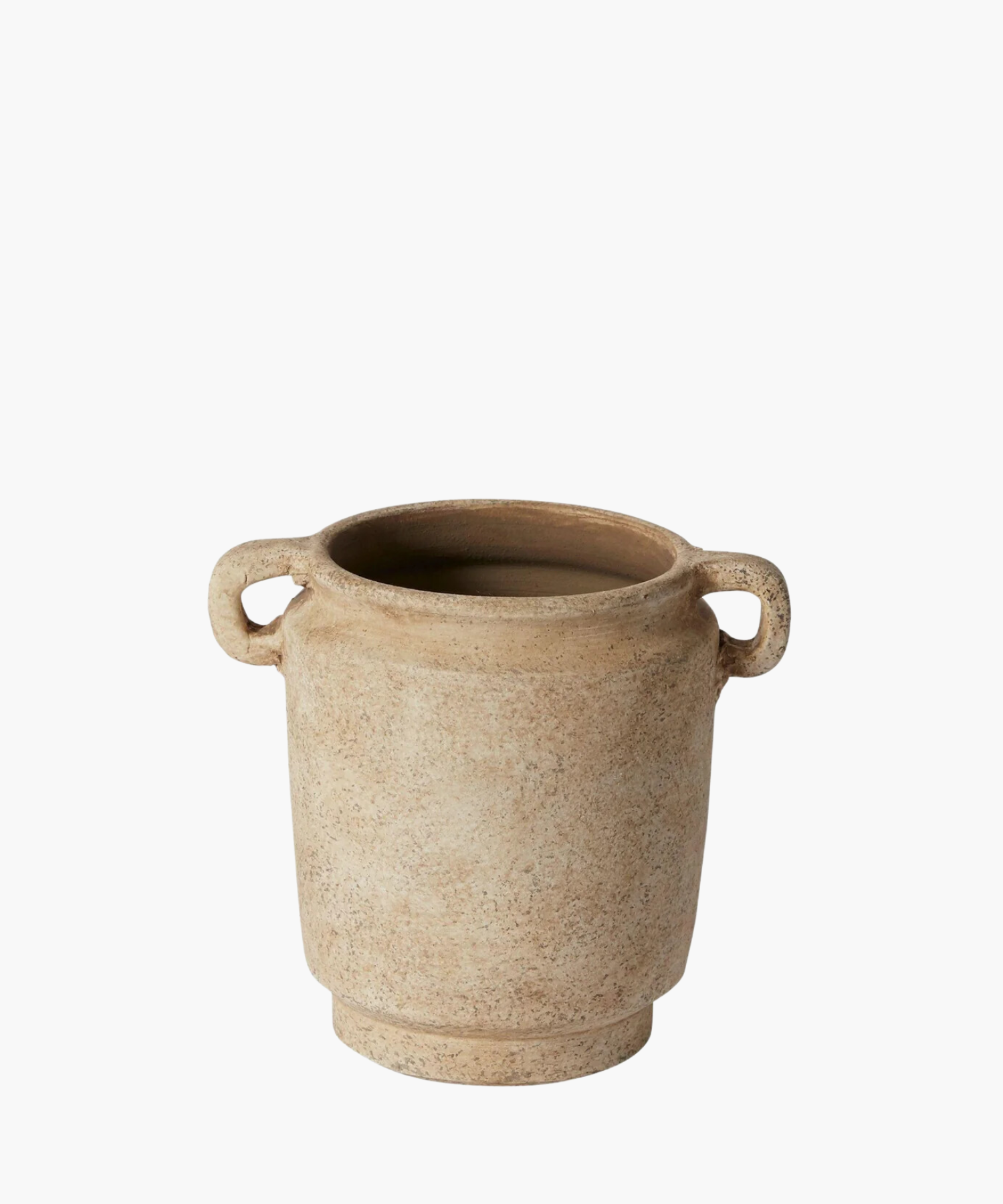 Rustic beige ceramic vase with a speckled texture, featuring two looped handles on each side. The design is simple and evokes a natural, earthy feel.
