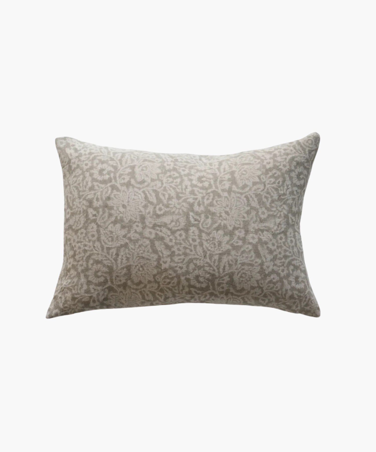 A beige rectangular lumbar pillow with a light gray, intricate floral pattern. The design is elegant, adding a soft, decorative touch suitable for a cozy setting.