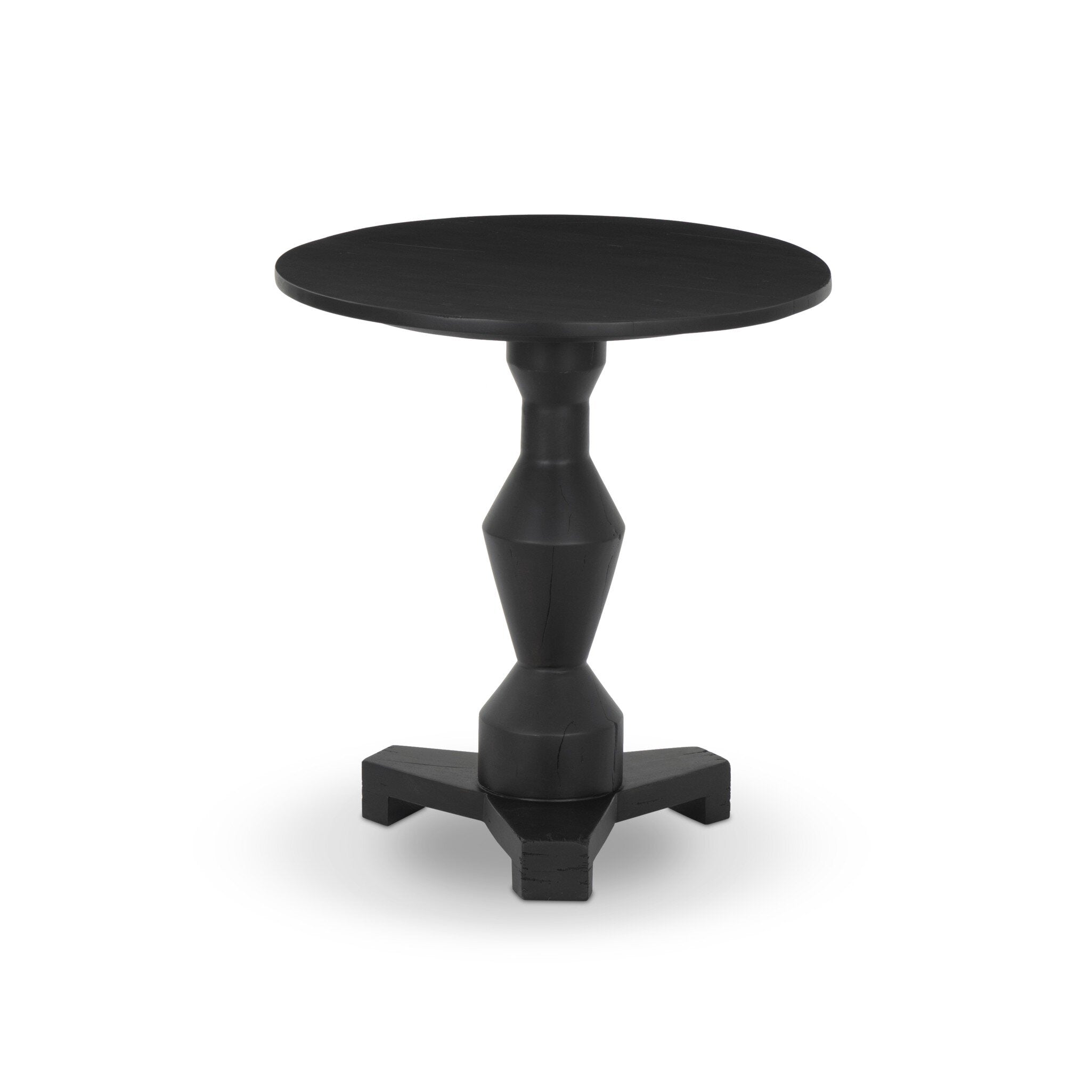 Black round end table with a pedestal base with tripod feet on a white background.