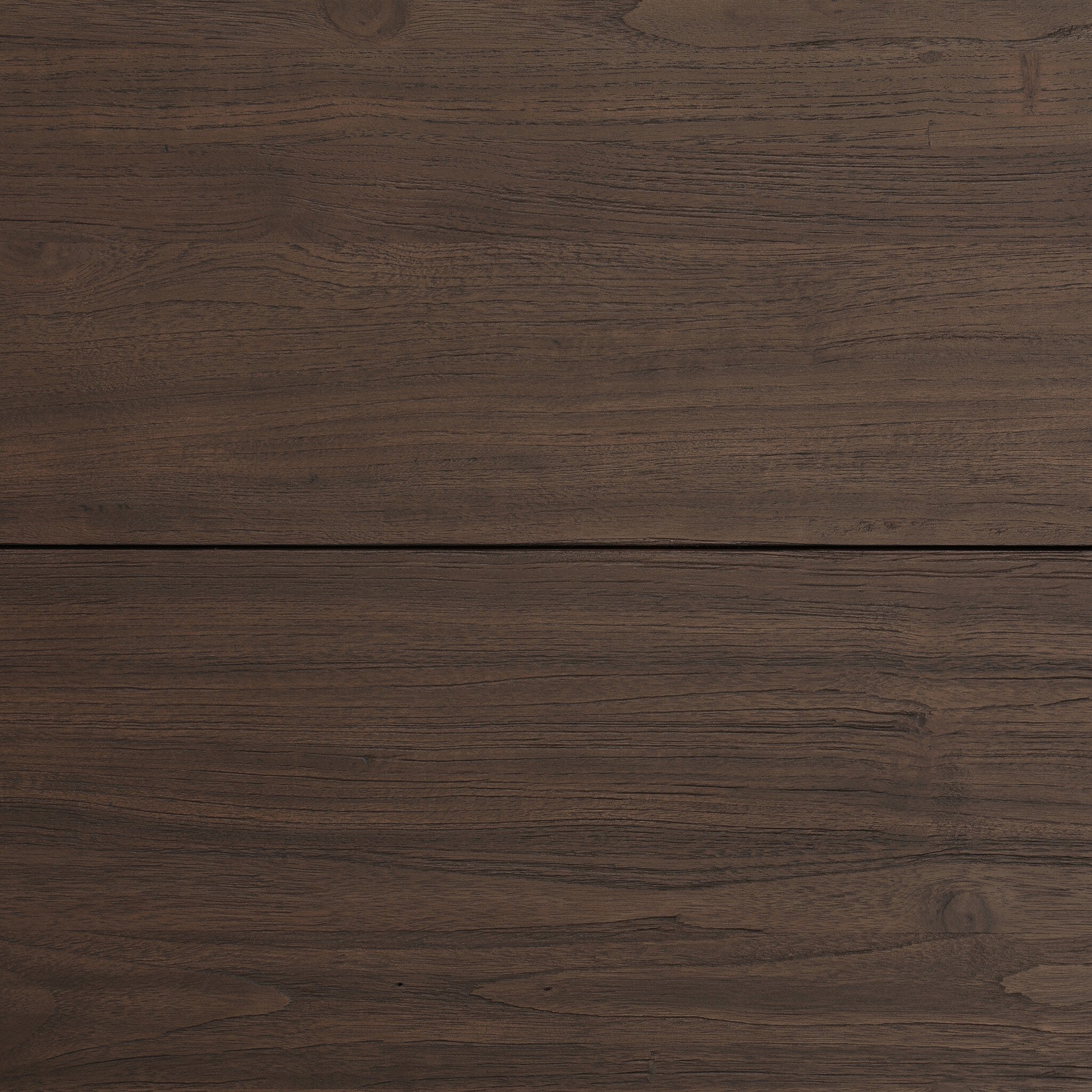 Close-up of the reclaimed wood coffee table showing its brown finish and wood grain. 