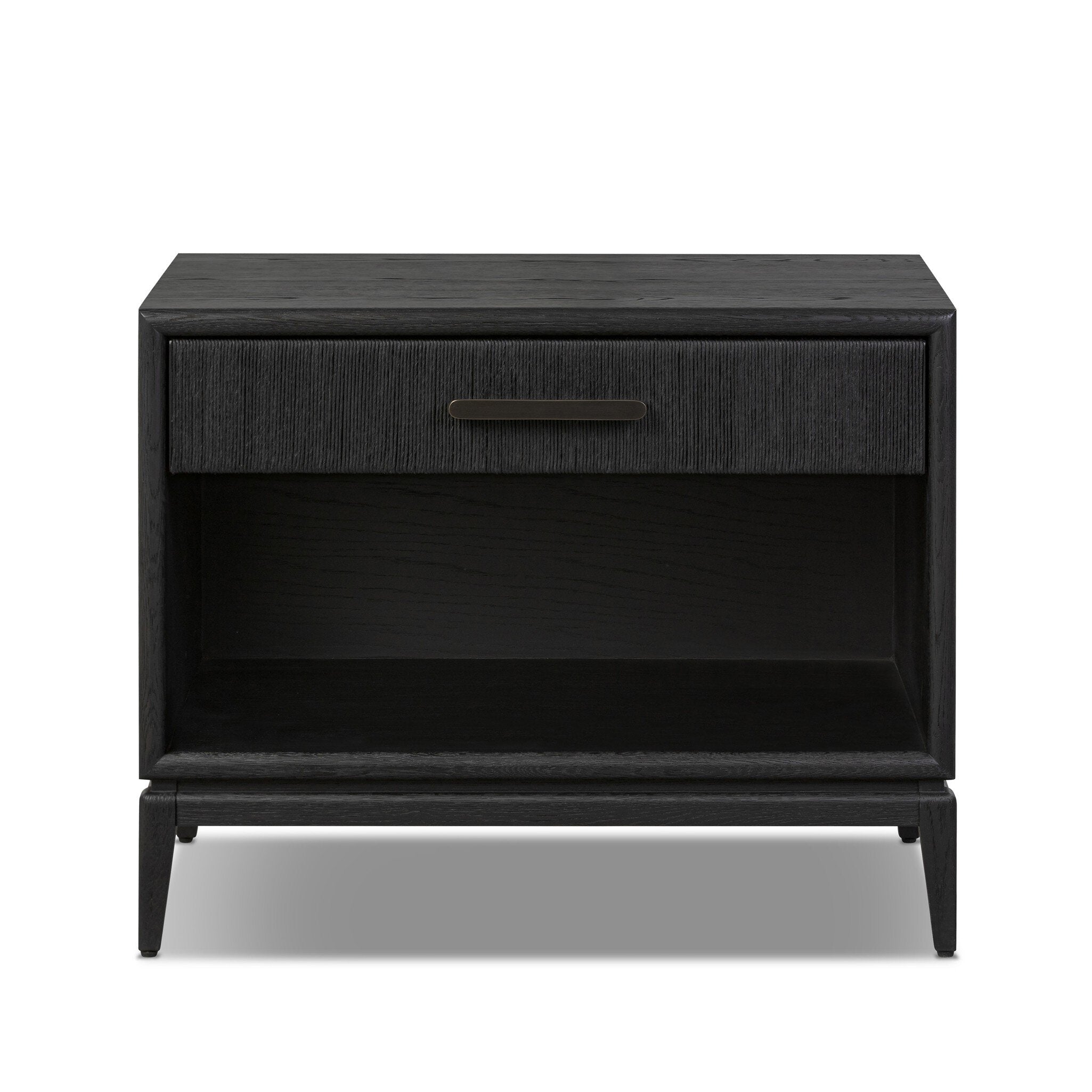 A black-finished oak nightstand with a smooth top and single drawer front of woven paper on a white background. 