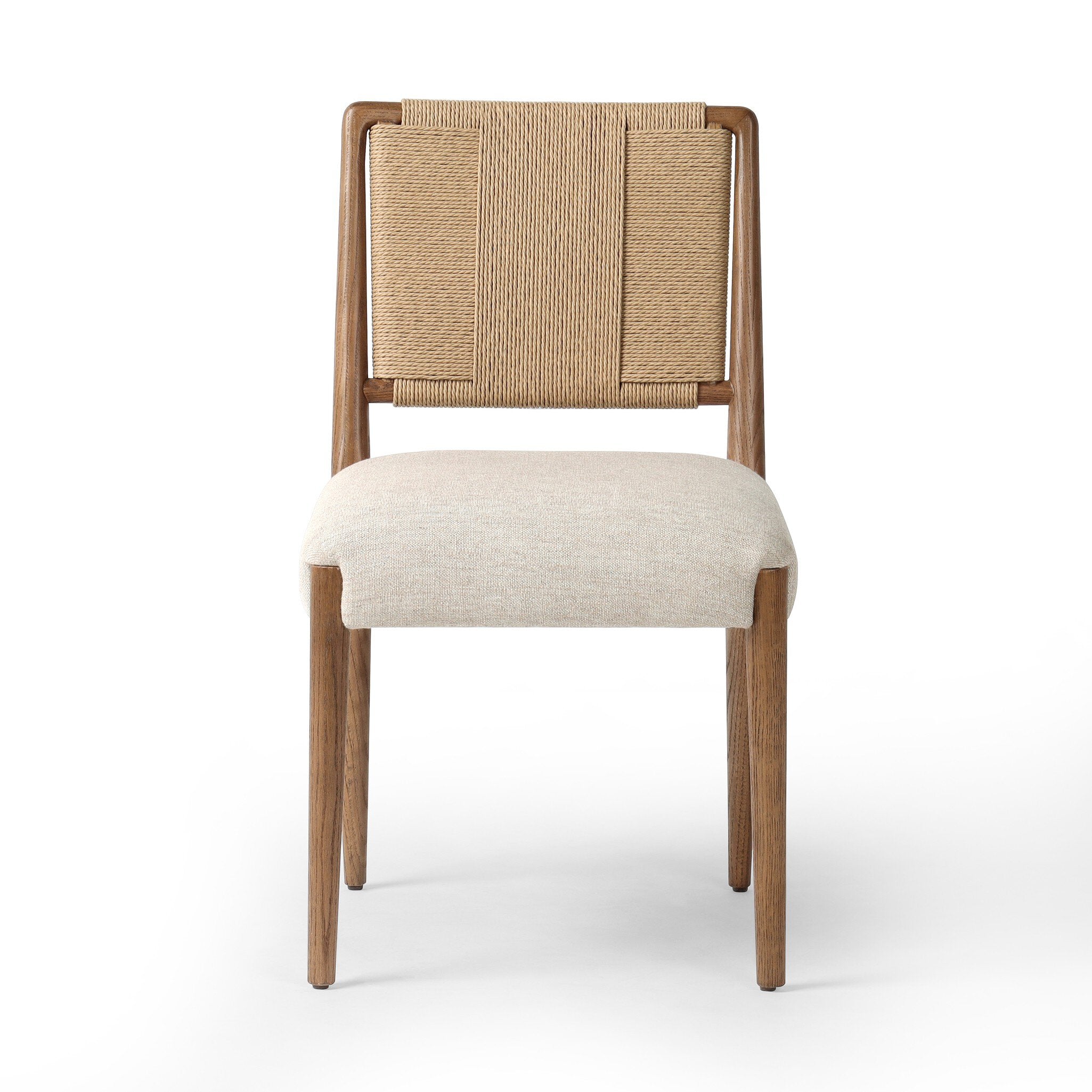 Dining chair with woven backrest and beige cushion on a white background.