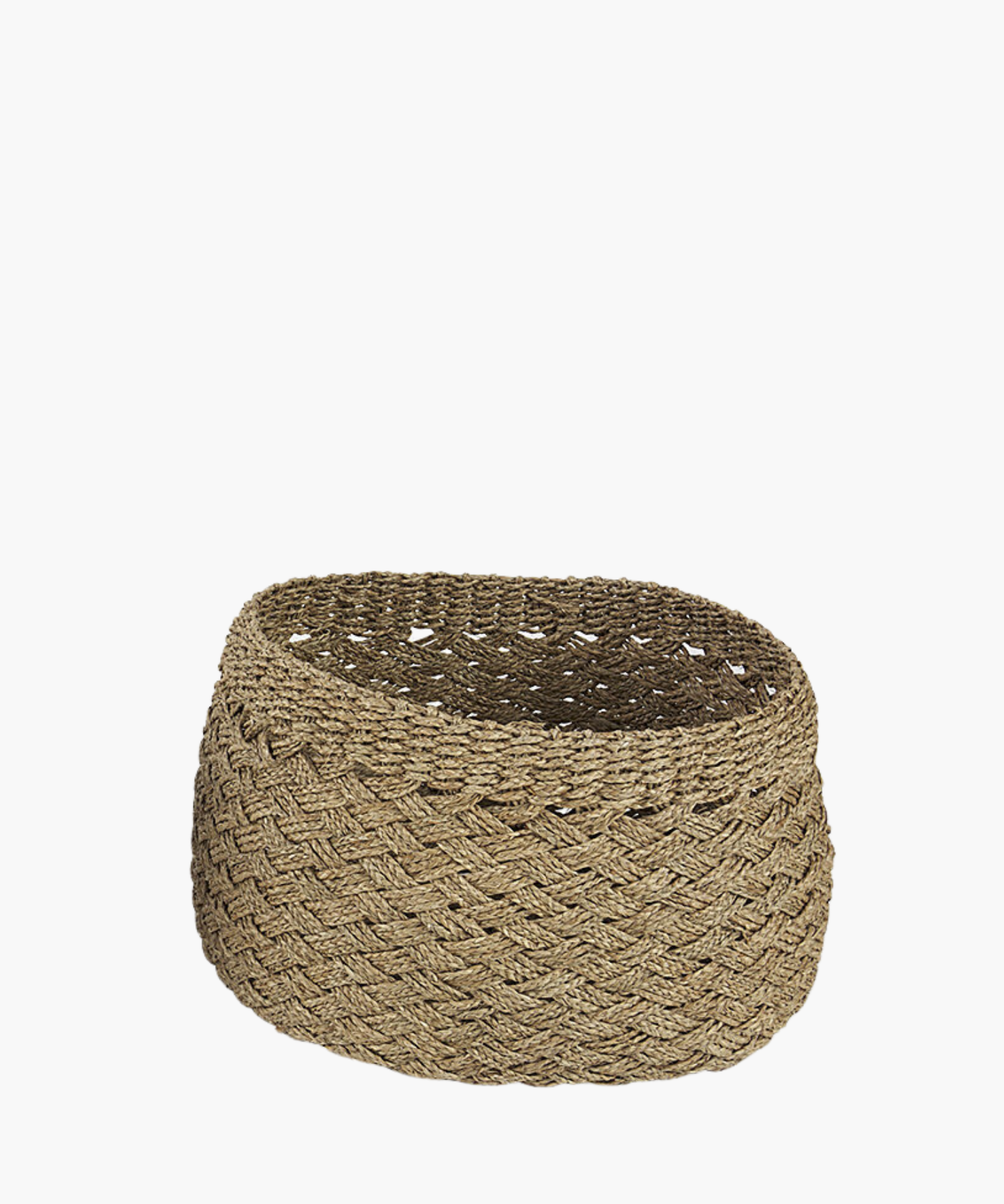 Woven basket with a natural, textured appearance. The intricate zigzag pattern in earthy tones suggests rustic charm and simple elegance.