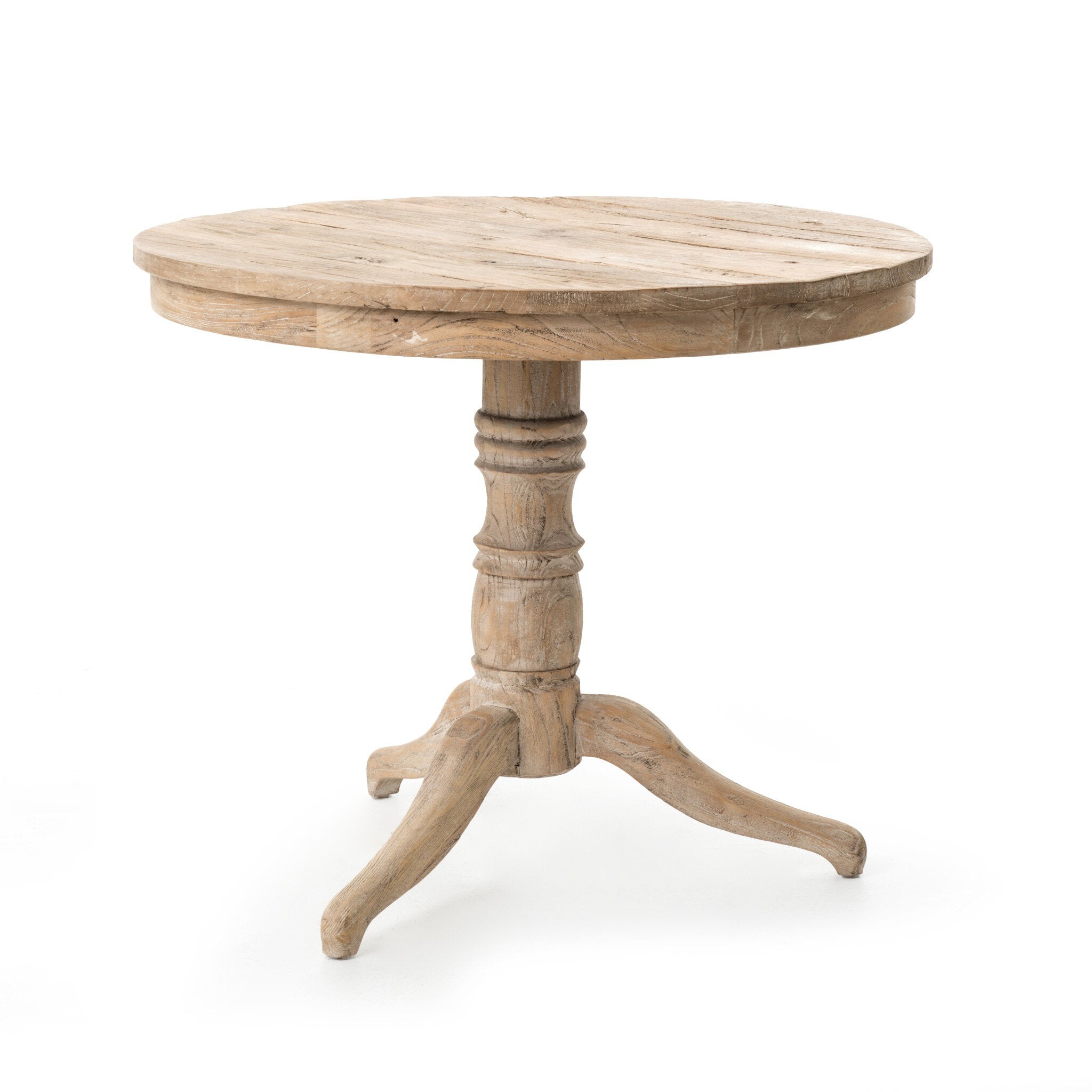 Round whitewashed wooden table with a turned pedestal and curved tripod feet on a white background