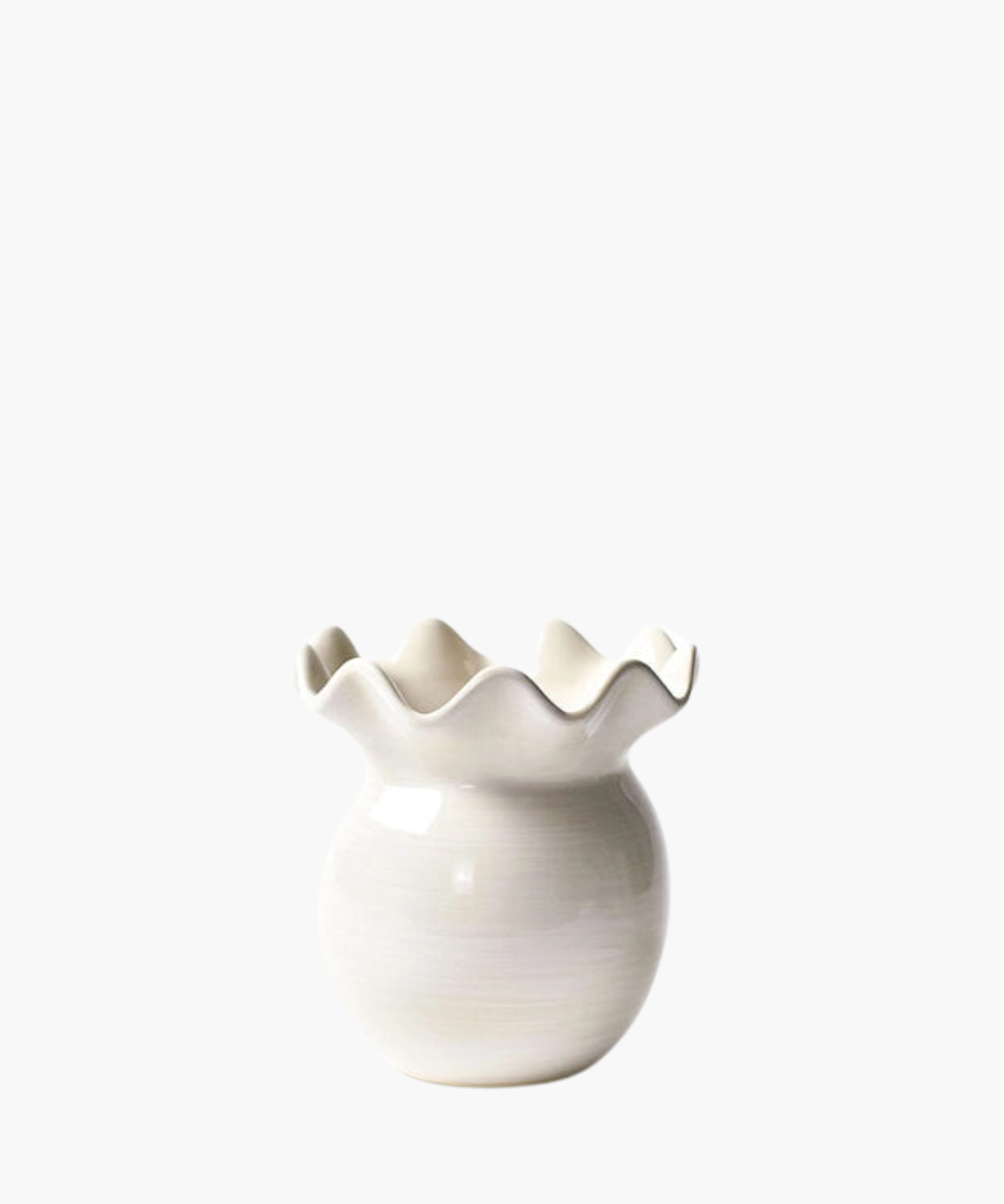 White ceramic vase with a glossy finish and wavy, ruffled rim. The vase has a round, bulbous body, conveying elegance and simplicity against a plain background.
