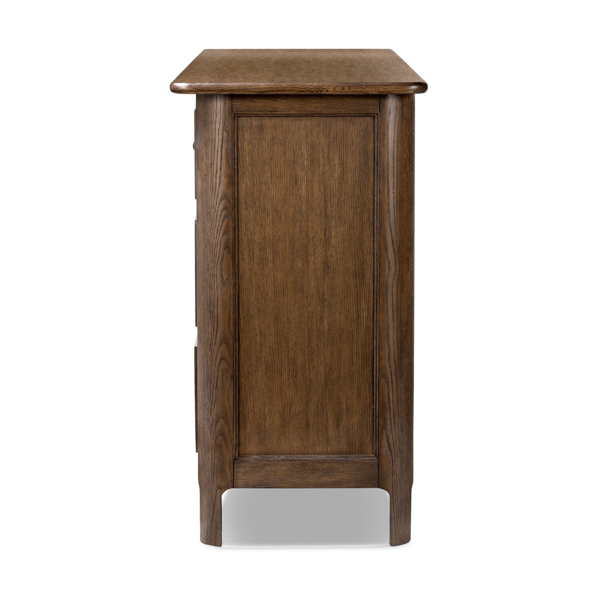 Side profile of a wooden dresser with multiple drawers on a white background.