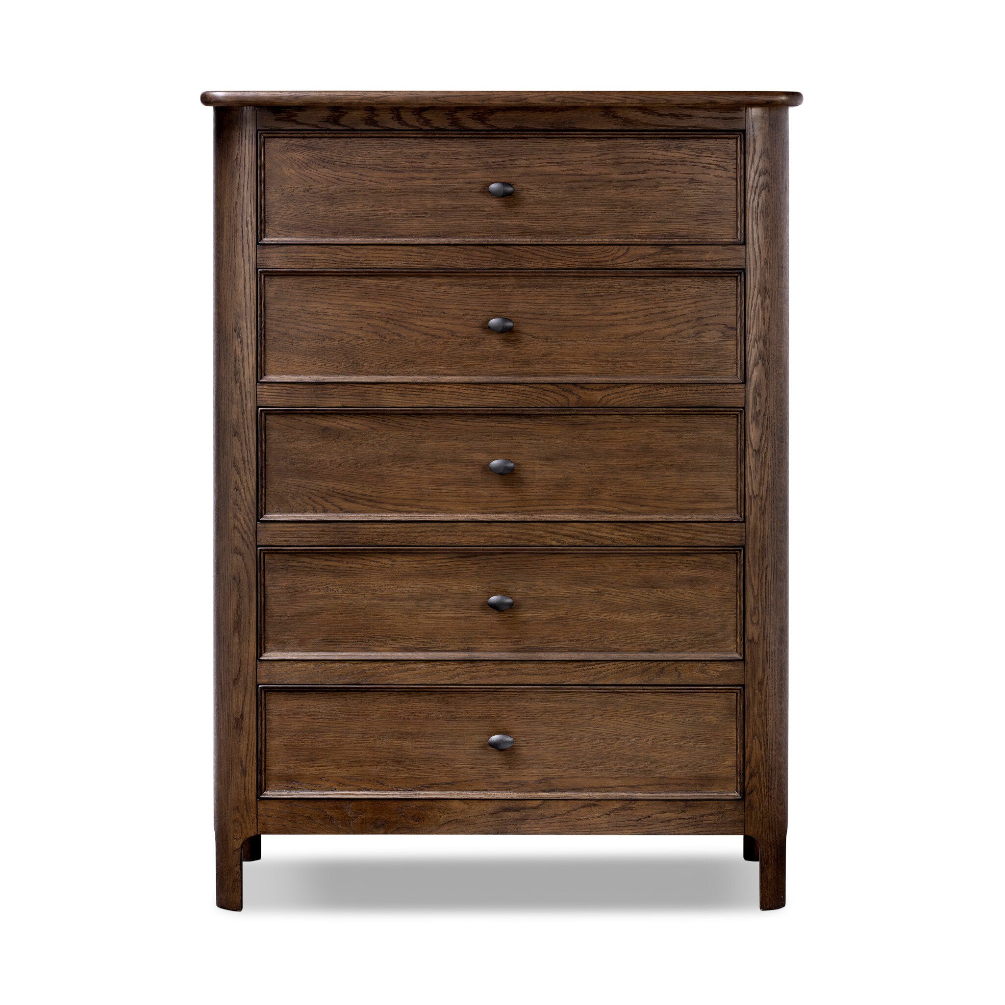 Wooden dresser with five drawers on a white background.