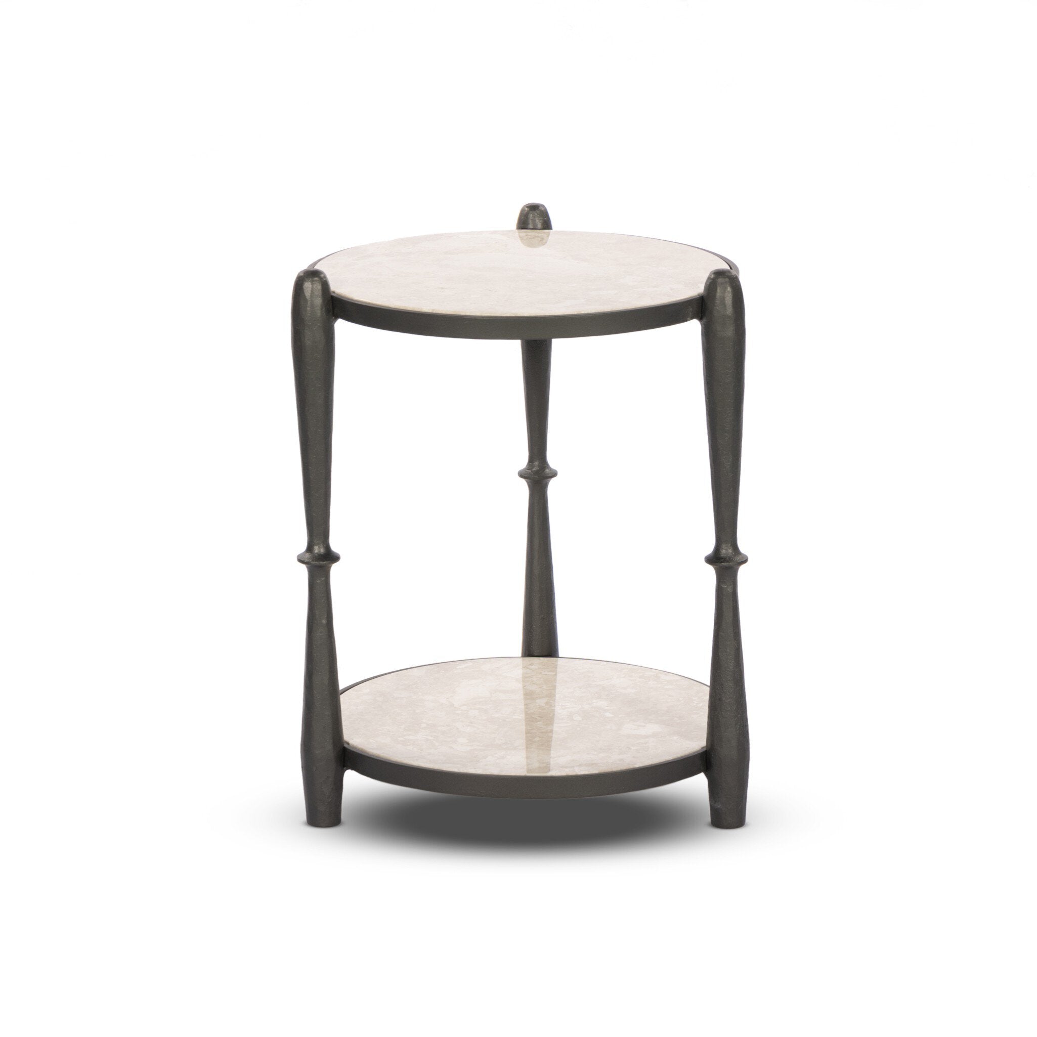 Small round tiered end table with inset marble shelves and turn-style legs on a white background.