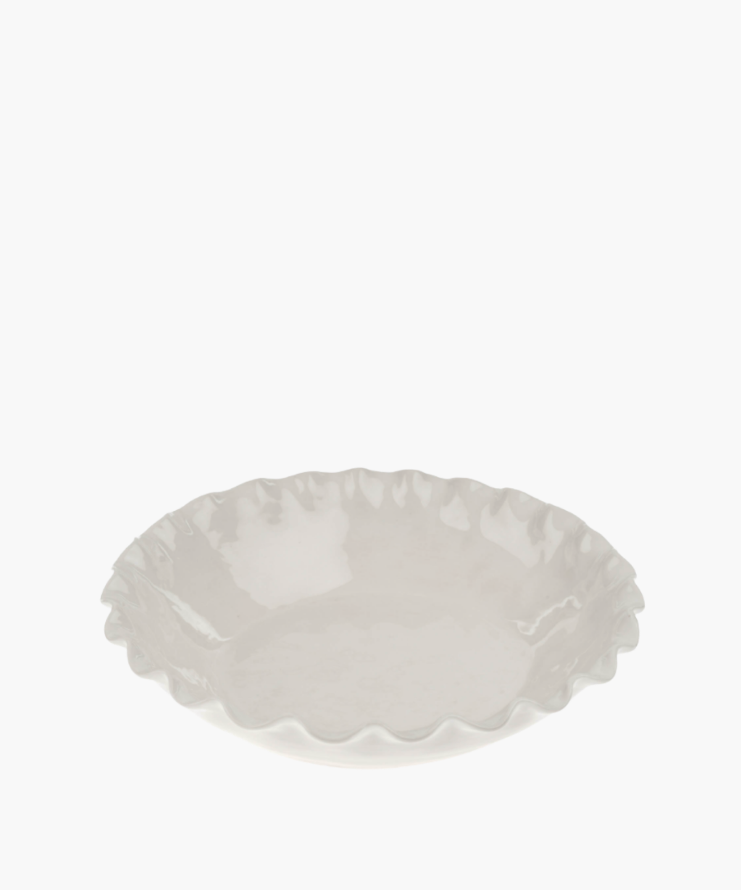 Ceramic serving bowl with a glossy, white finish, featuring a ruffled edge. The dish is empty and sits on a plain white background.