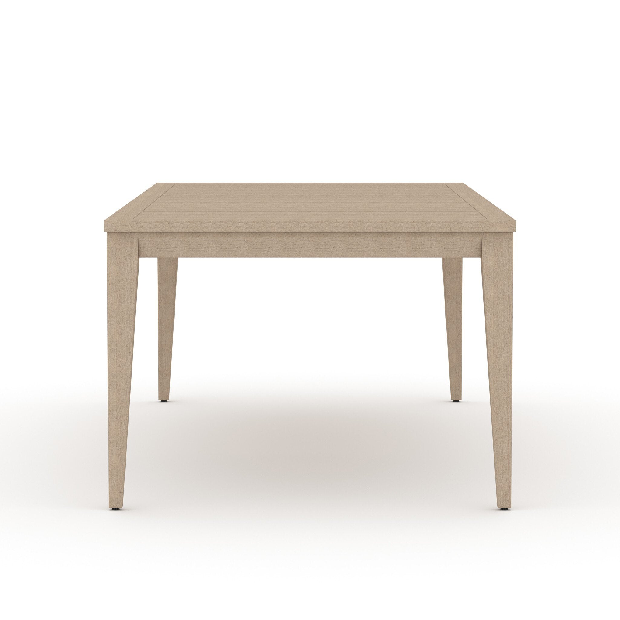 Washed brown outdoor dining table on a white background.