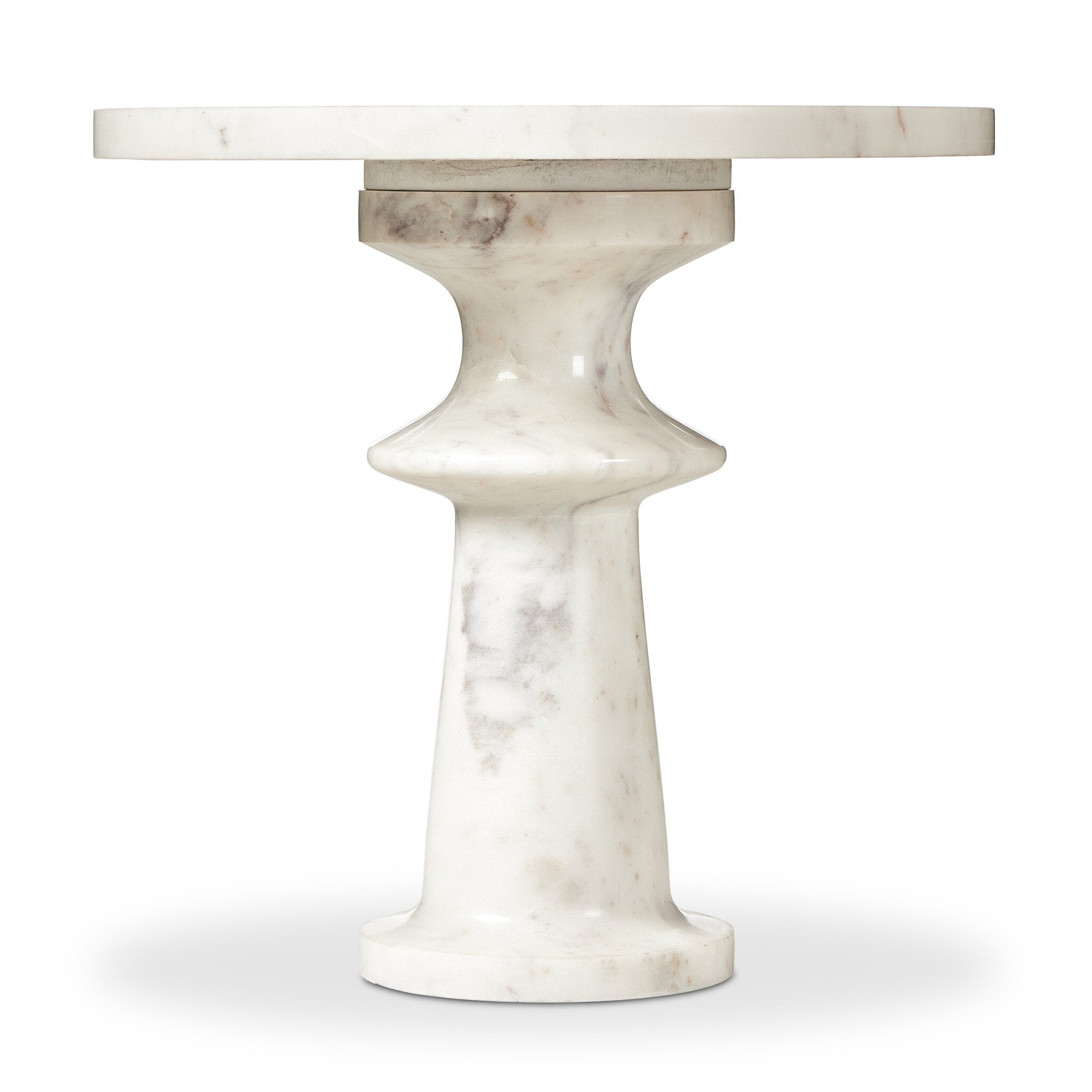 White marble end table with sculpted base and tray like top on a white background.