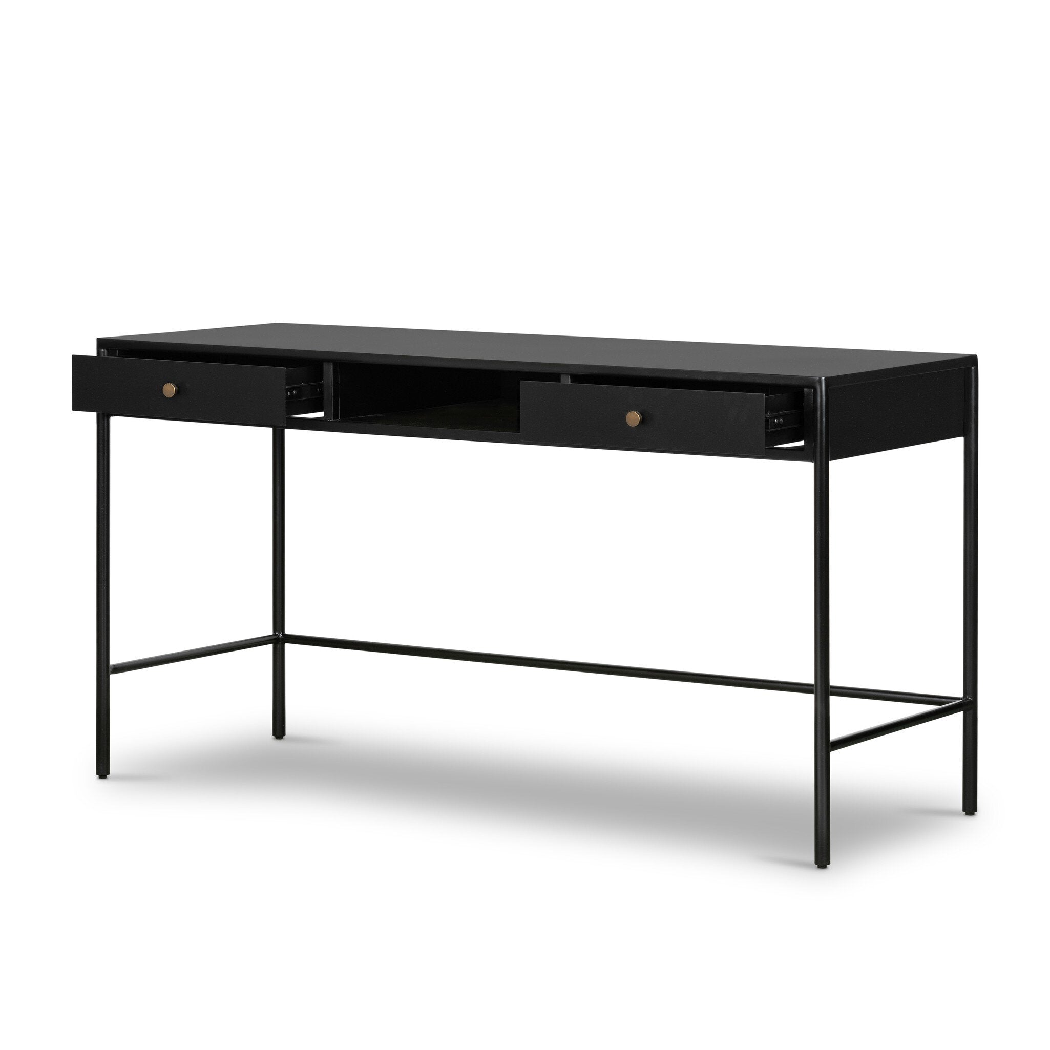 Black desk with two drawers on a white background.