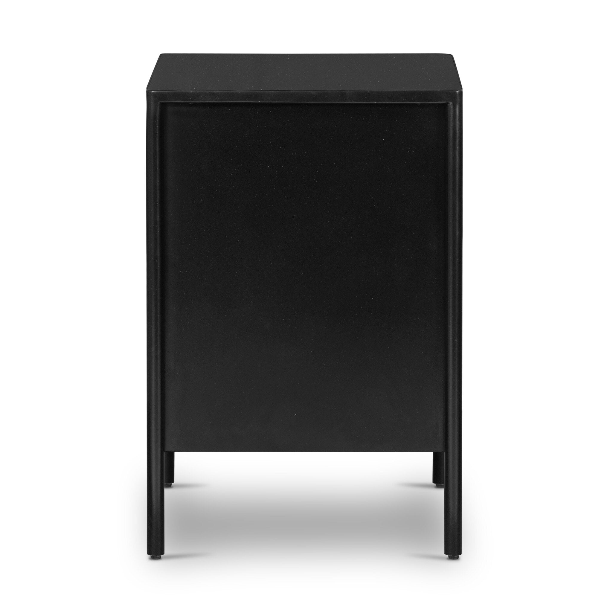 Side profile of a black dresser with three drawers on a white background.