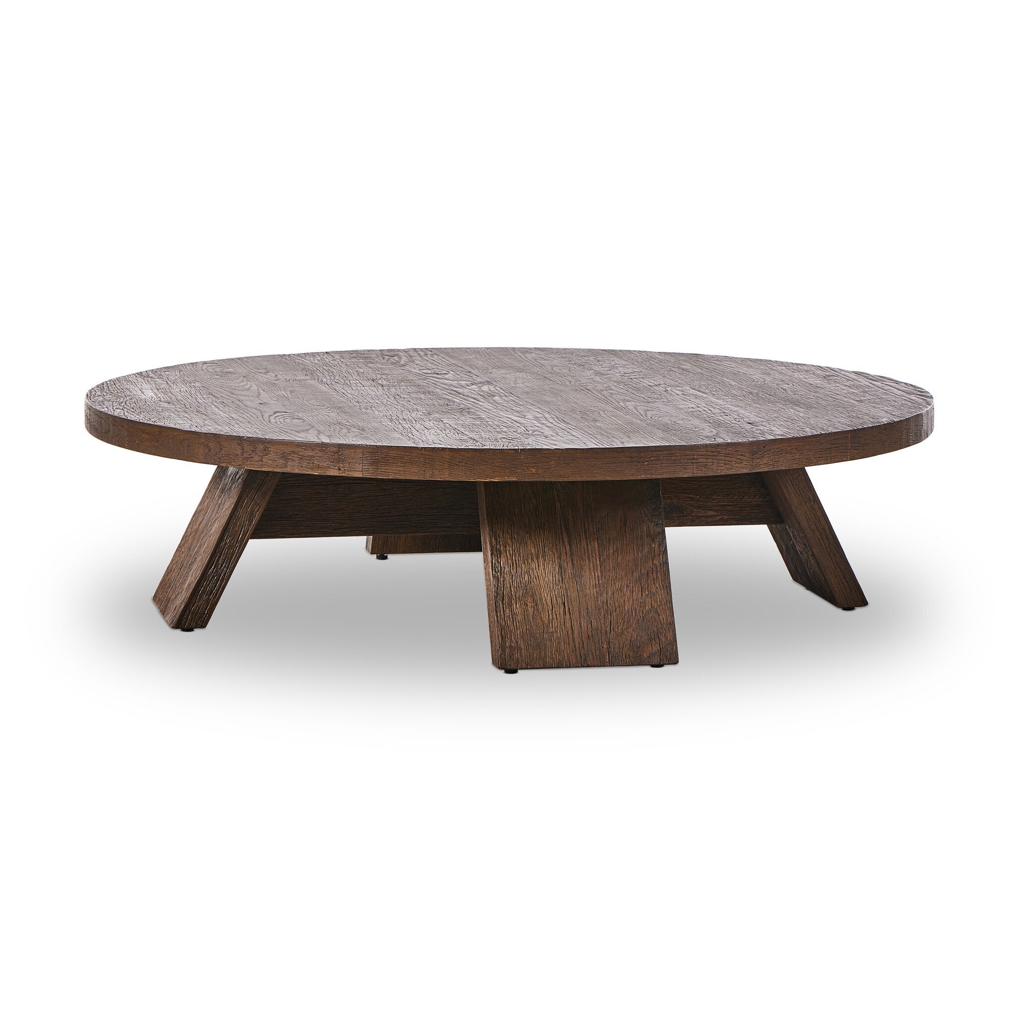 Round wooden coffee table on a white background.