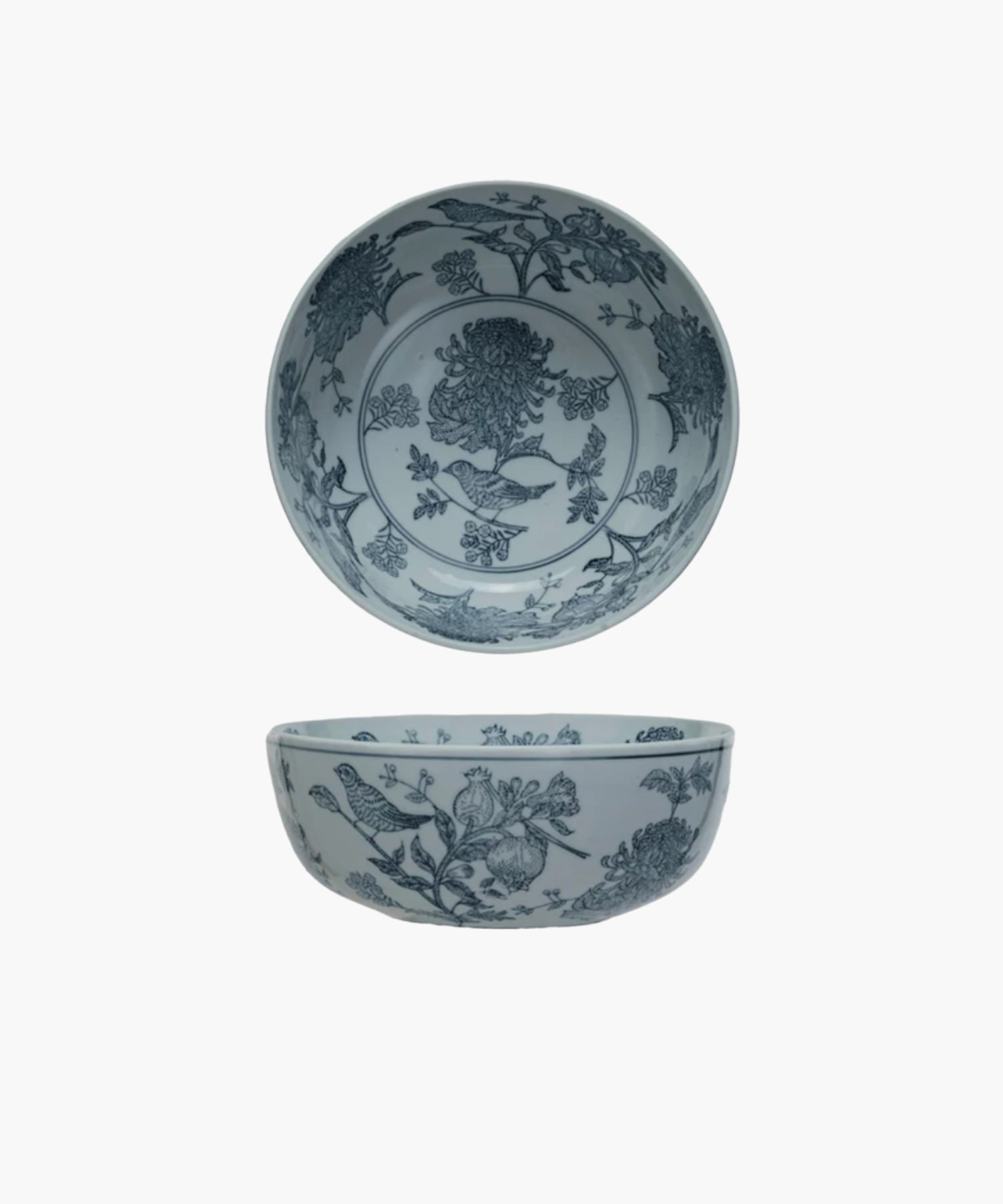 Two ceramic bowls are displaying the intricate blue floral and bird motifs from the inside and the side of the bowl. 