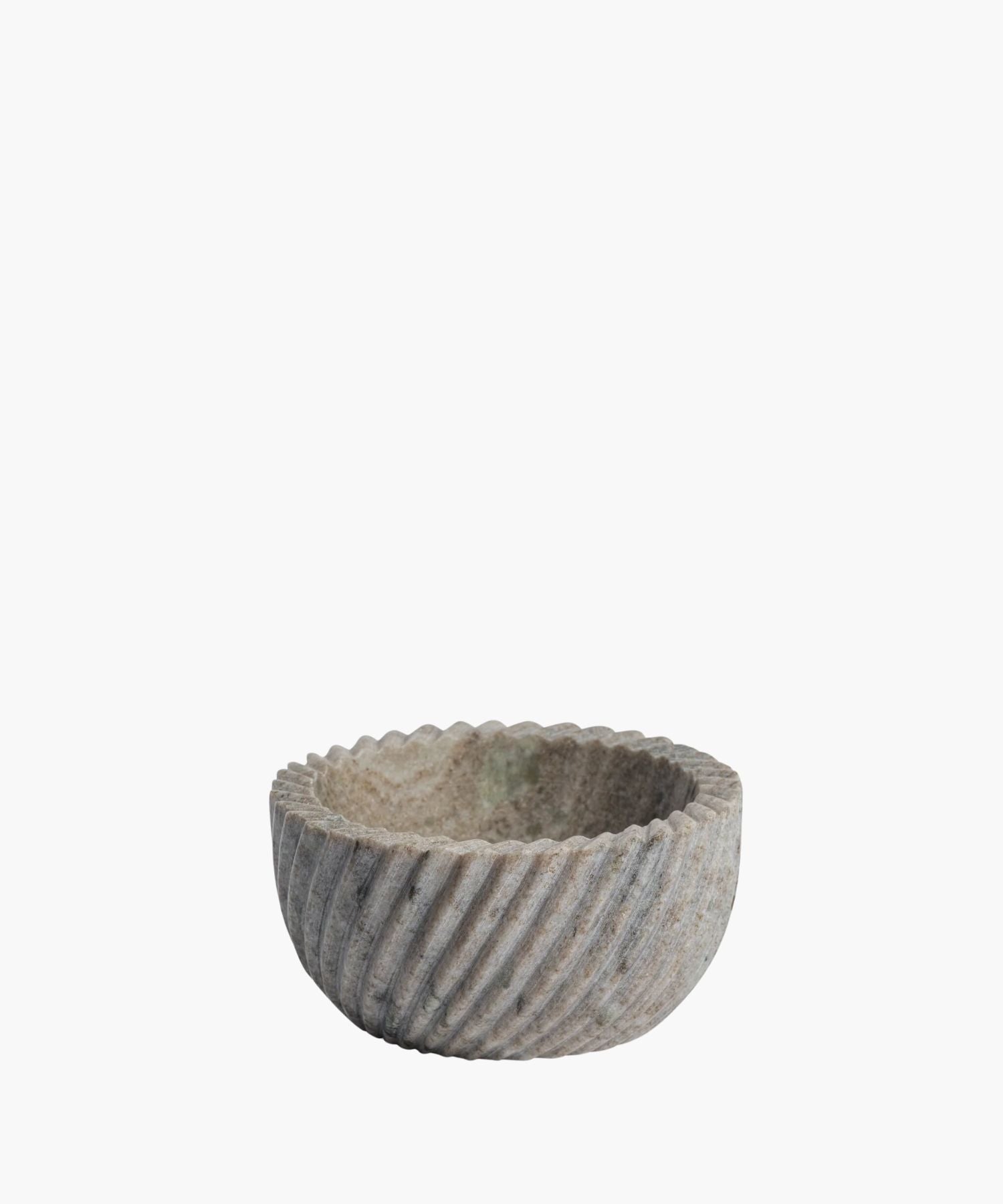 A round marble bowl with a textured, spiral pattern on its exterior. The bowl's gray surface has subtle variations, conveying a rustic, handcrafted feel.