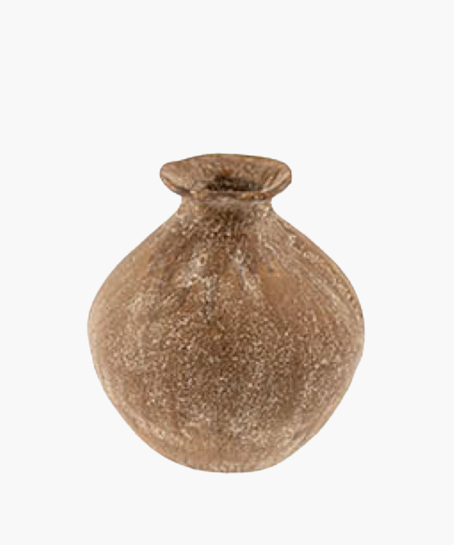 Rustic, round, brown vase with a narrow, slightly flared neck. The textured surface gives it an ancient, handcrafted appearance.