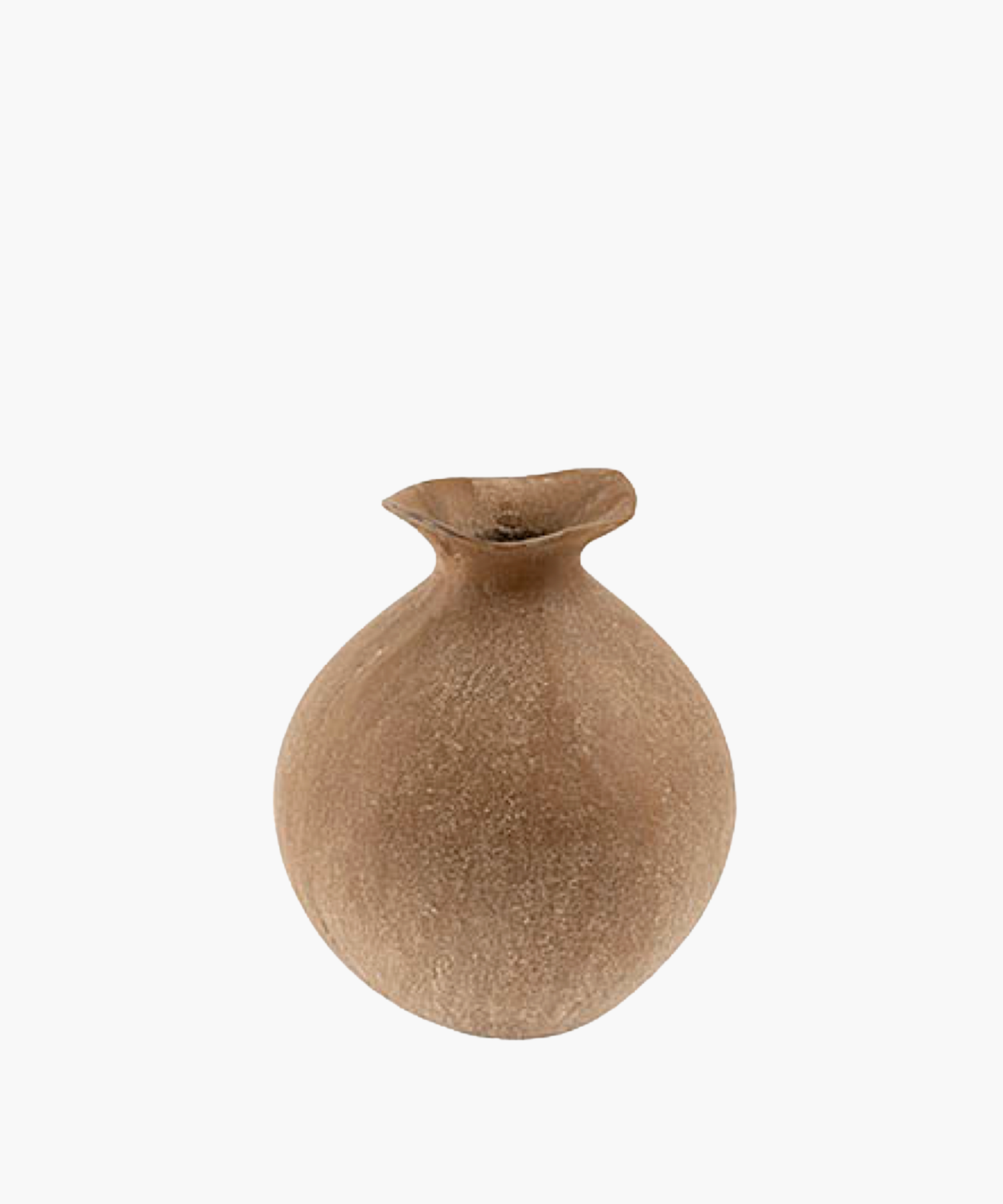 Rustic, round, brown vase with a narrow, slightly flared neck. The textured surface gives it an ancient, handcrafted appearance.