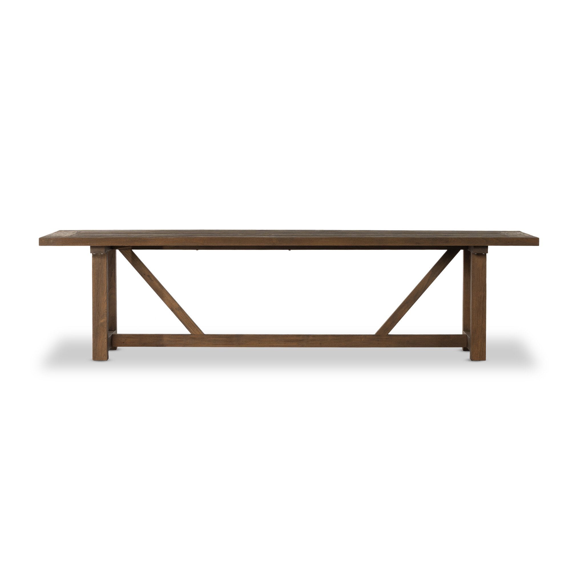 Trestle-style dining table made from reclaimed teak on a white background.