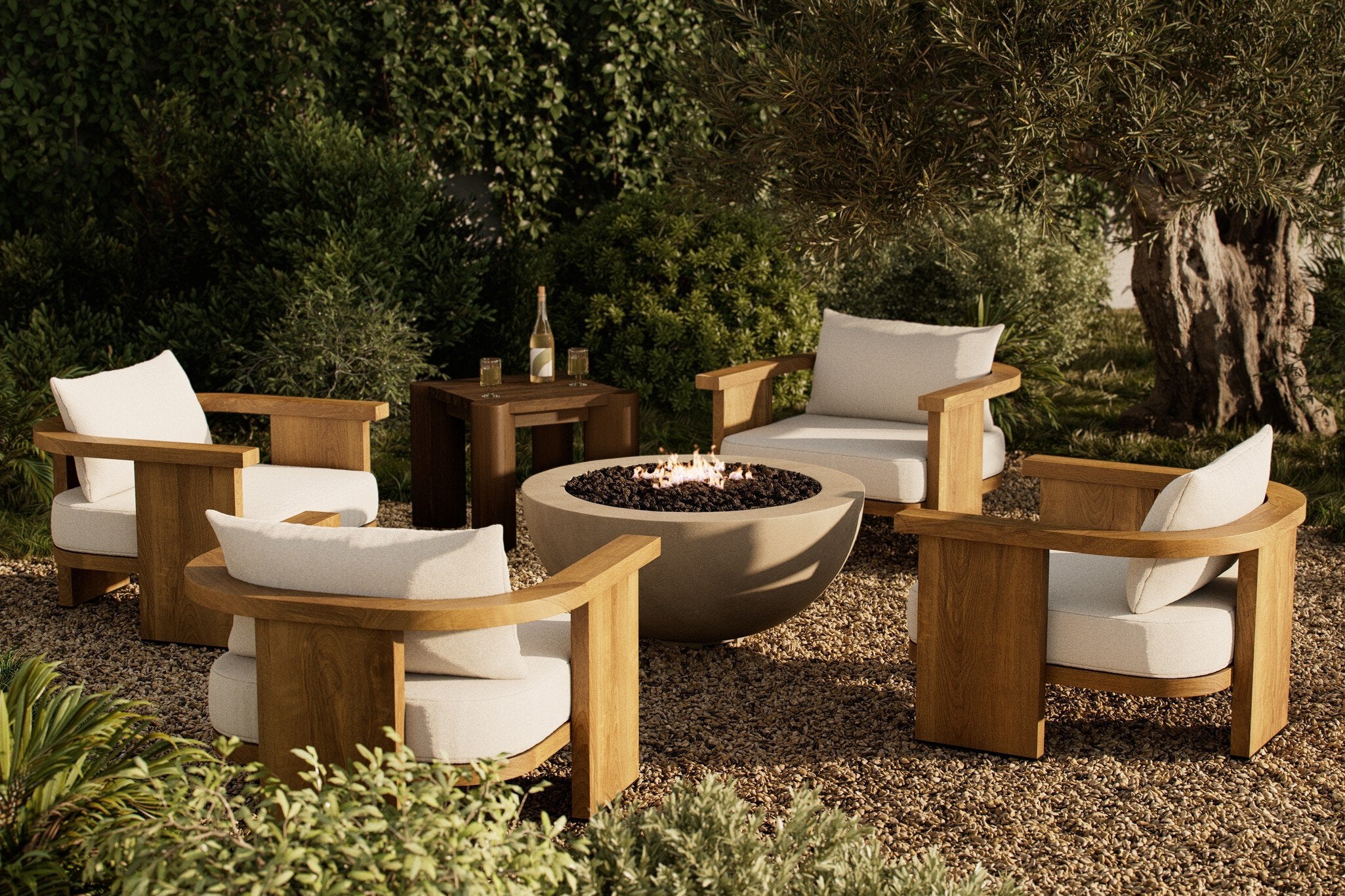 Outdoor seating area with wooden chairs and a fire pit in a garden setting.