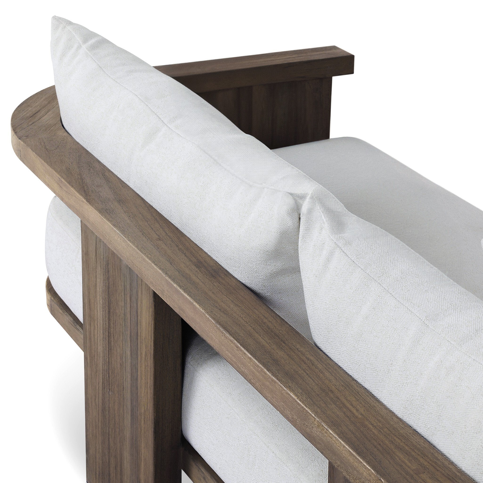 Outdoor sofa with curved wooden frame out of teak and white linen cushions from the back on a white background.