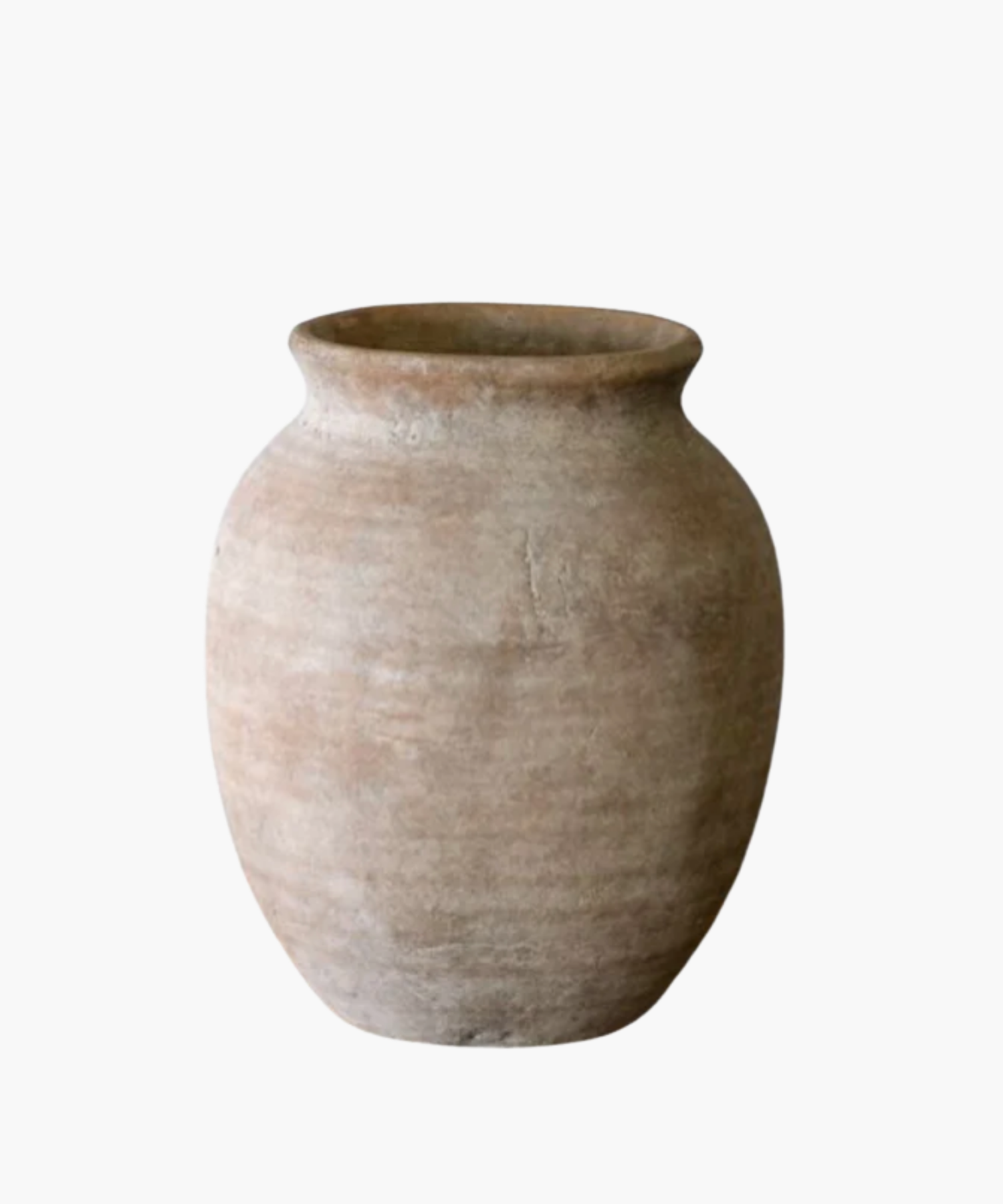 Aged clay pot with a wide body and narrow top, featuring a rough, textured surface in earthy brown tones. The pot conveys a rustic, antique feel.