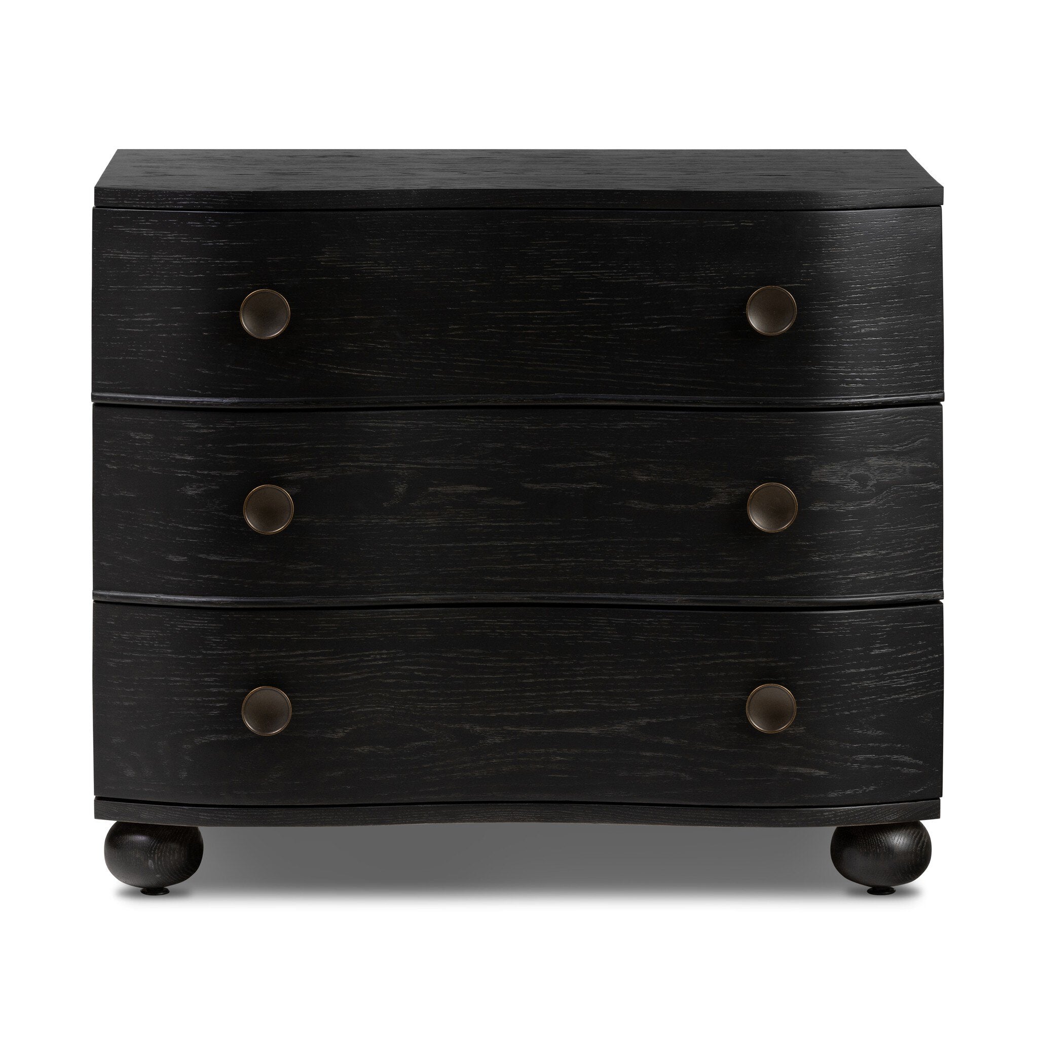 Dark wood dresser with three drawers and round knobs on a white background.