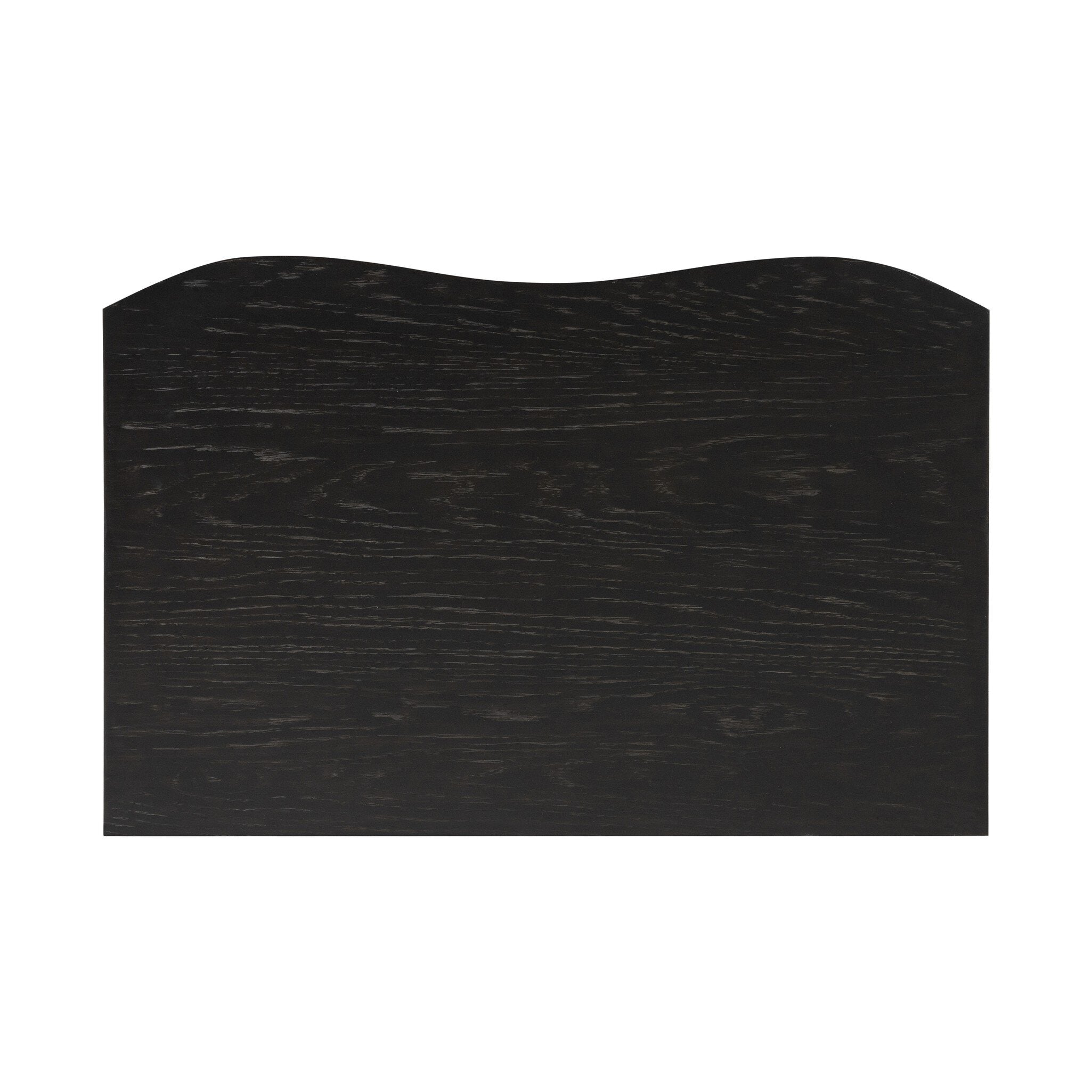 Overhead view of a dark wood dresser with three drawers and round knobs on a white background.