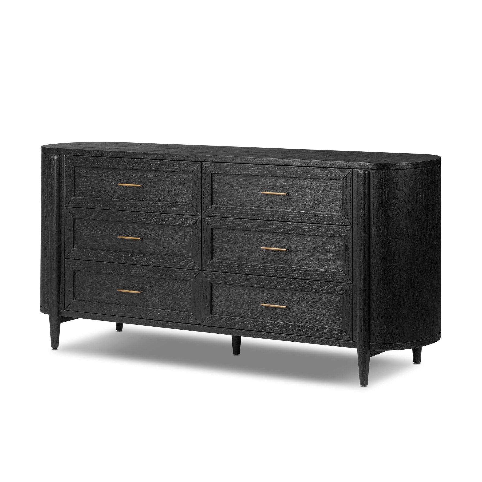 Curved black dresser with brass handles on a white background.
