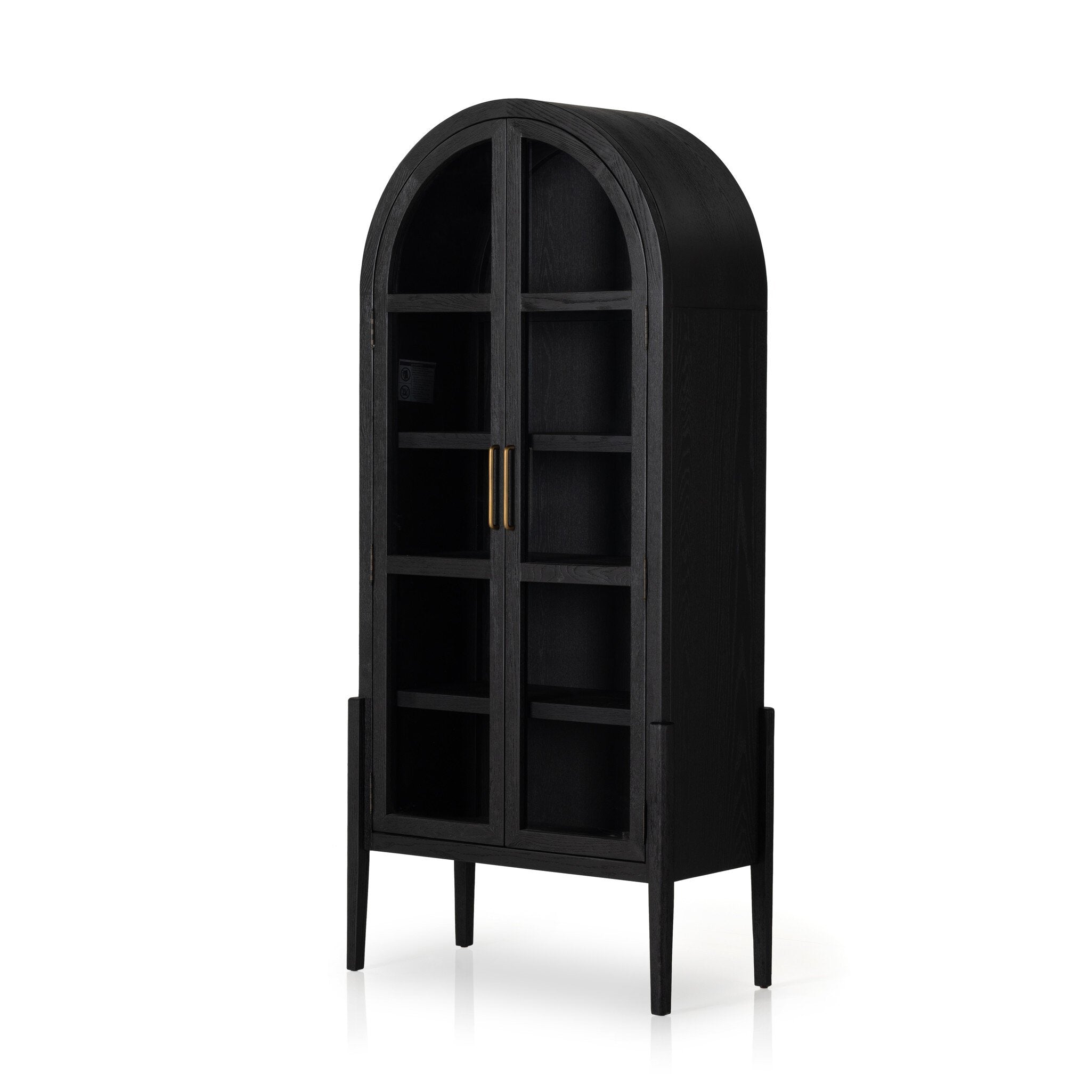 Black-finished solid oak cabinet with an arched top and glass doors.