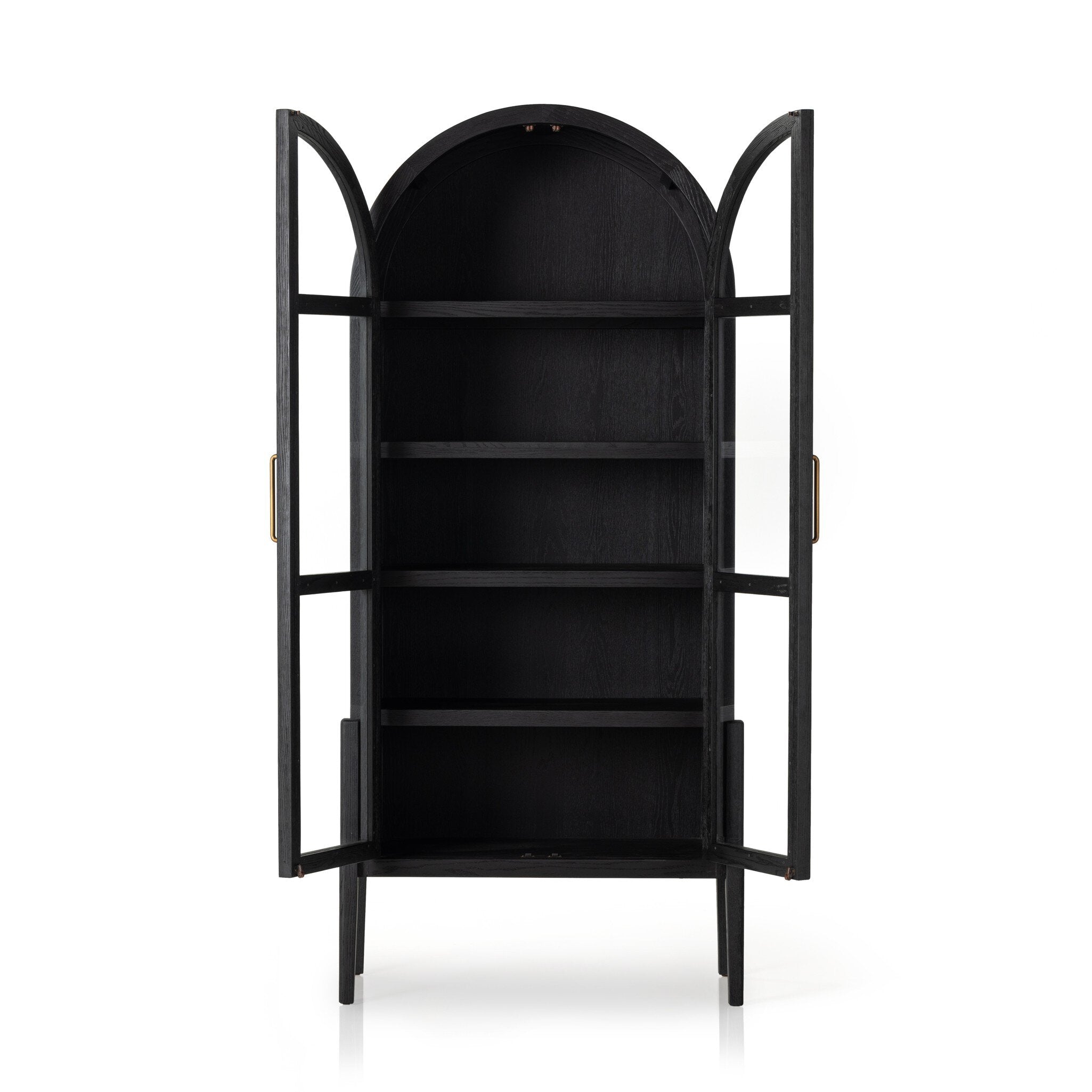 Black-finished solid oak cabinet with an arched top and glass doors.