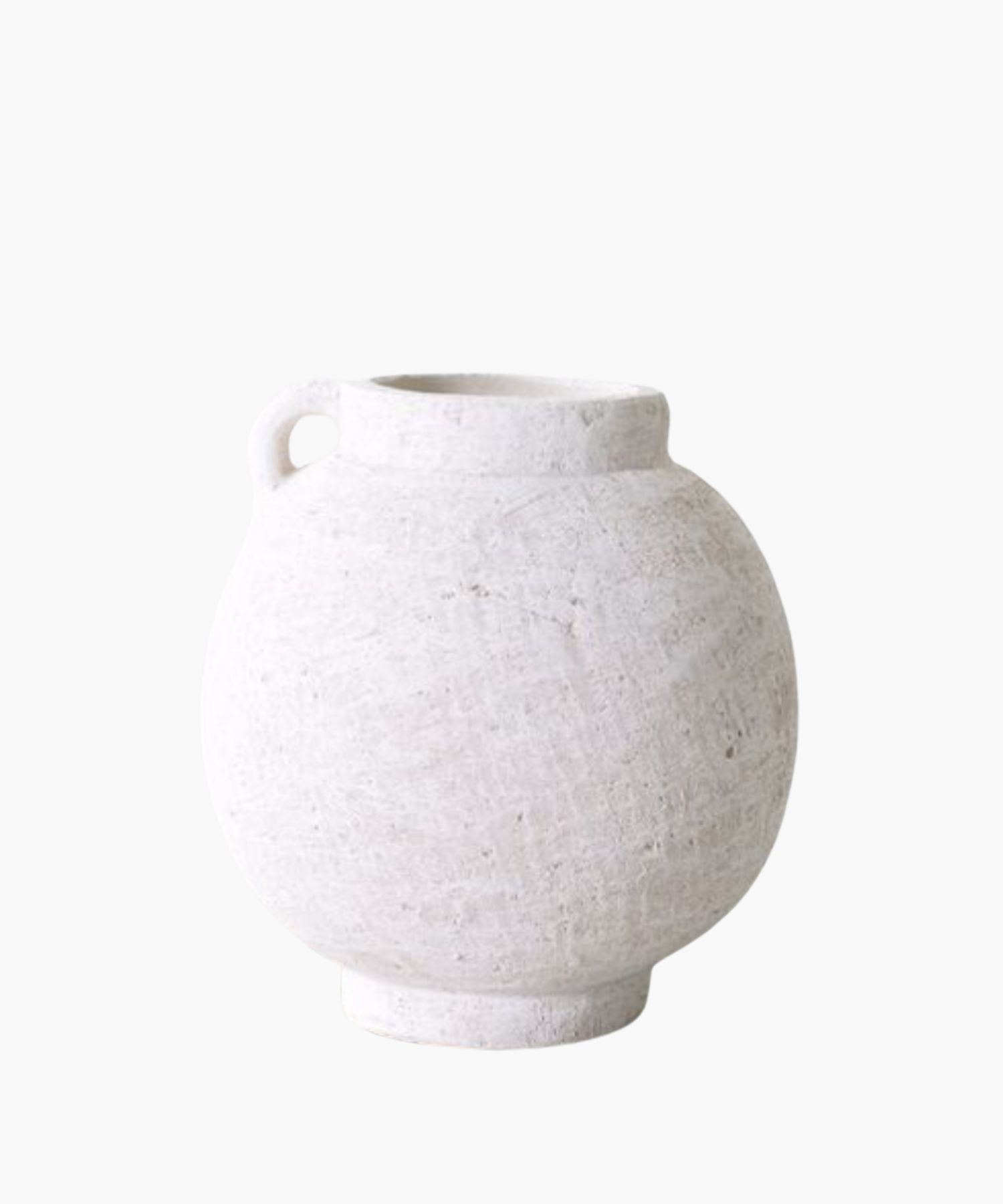 A white, round, ceramic Truett vase with a textured surface on a plain background.