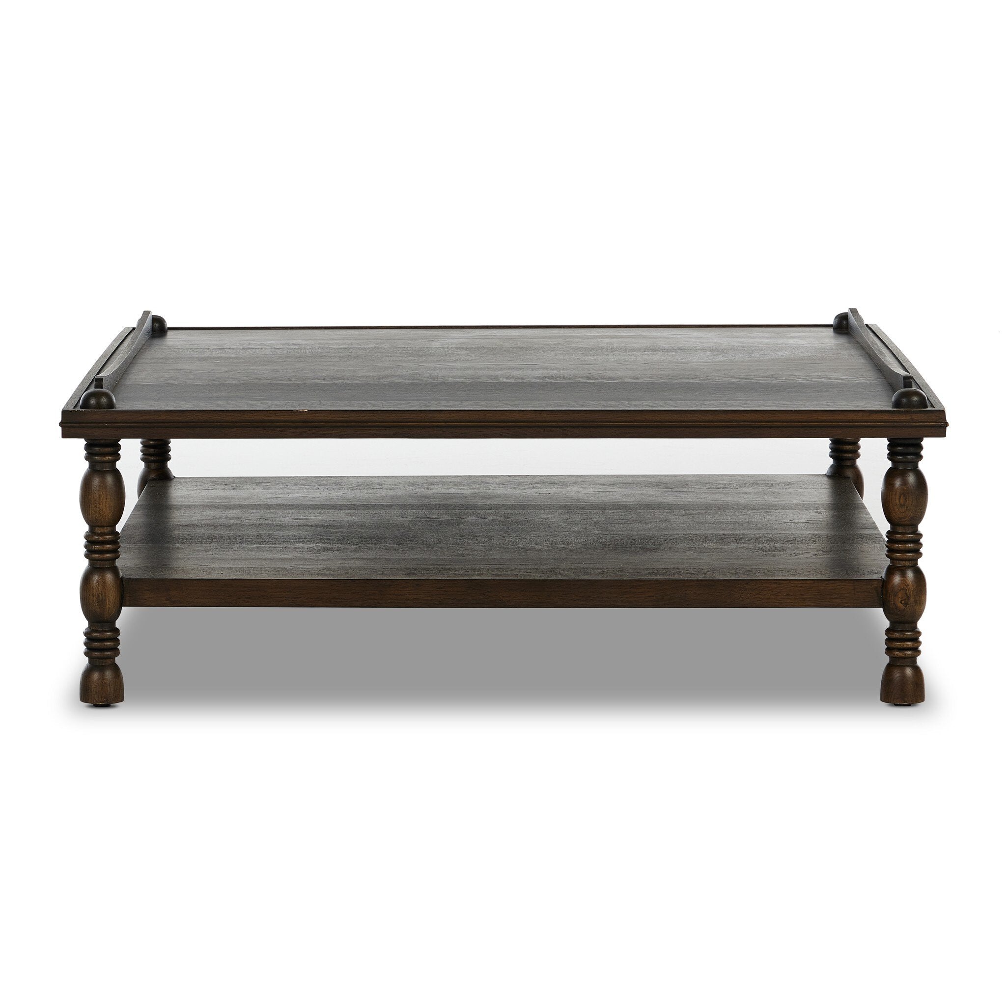 Wooden coffee table with two levels on a white background