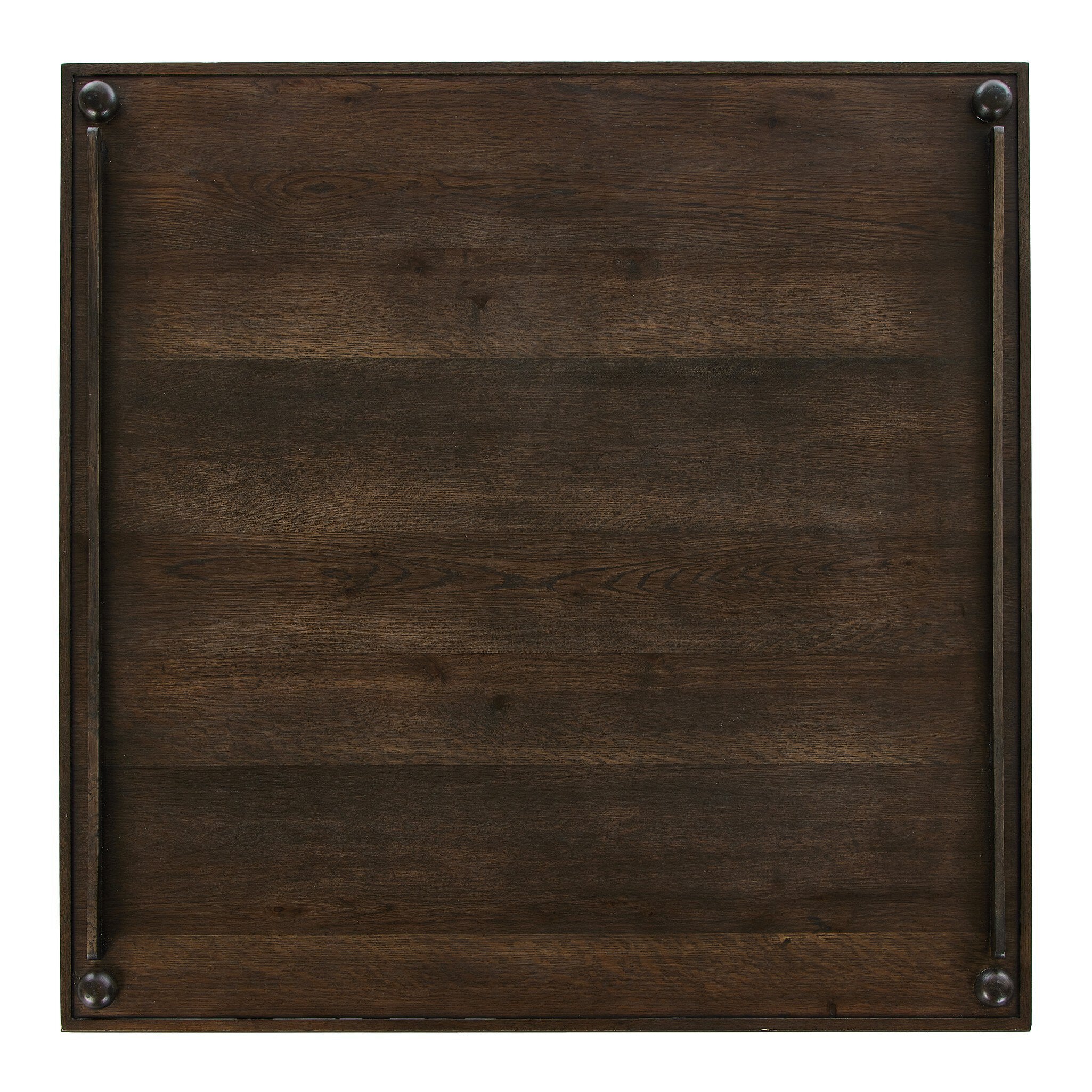 Overhead view of a wooden coffee table with a dark finish on a white background.