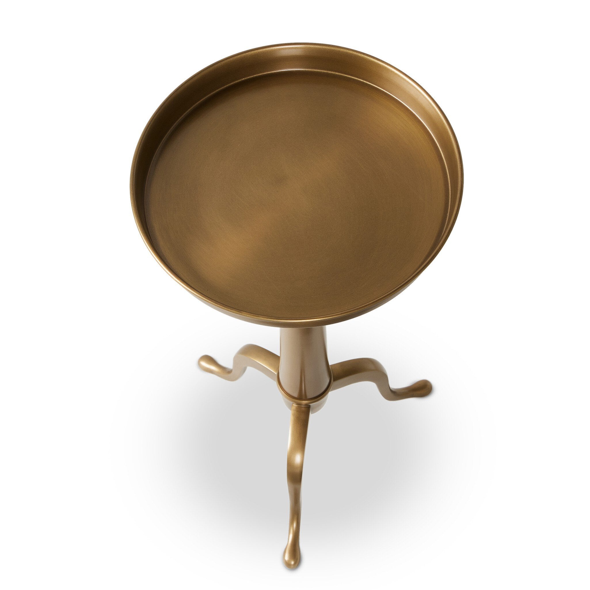 Overhead view of a solid brass end table with a dark matte finish with a telescope post and tray style top on a white background.