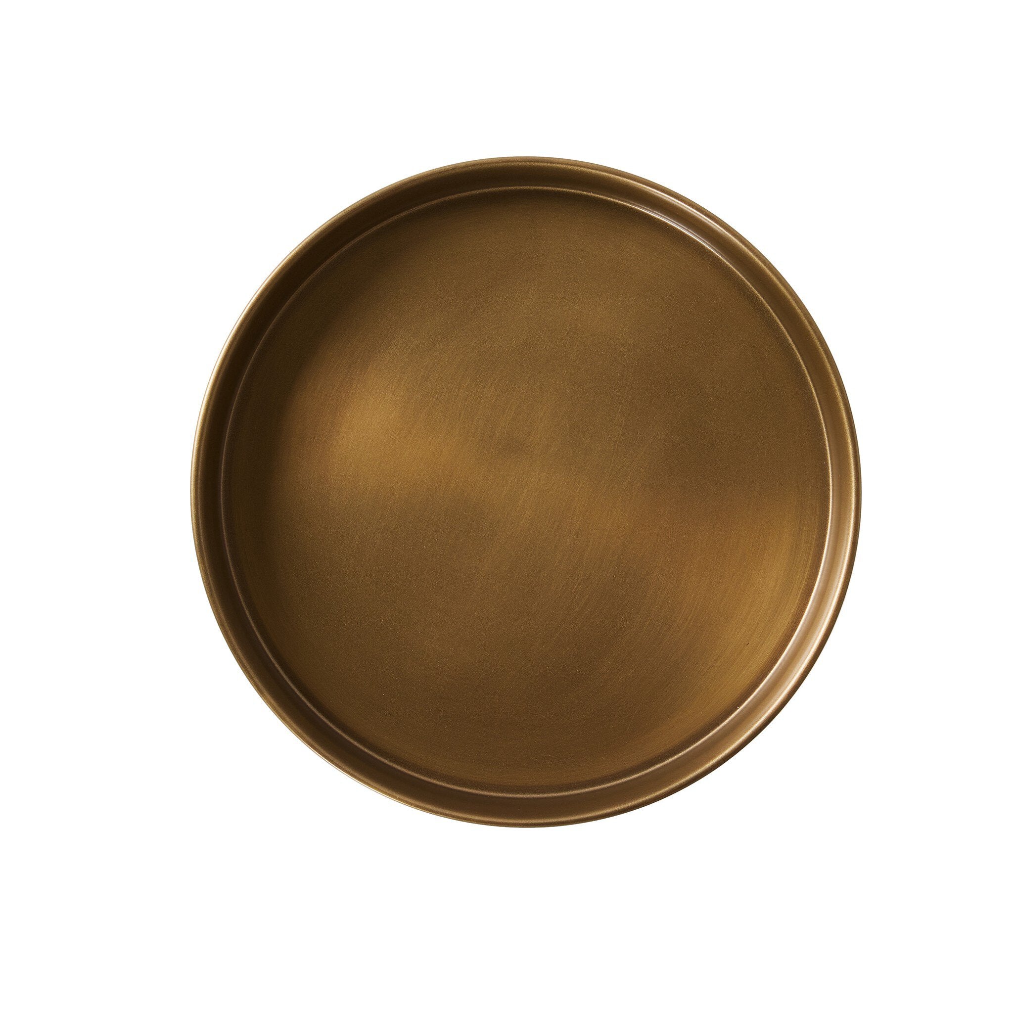 Overhead view of a solid brass end table with a dark matte finish with a tray style top on a white background.