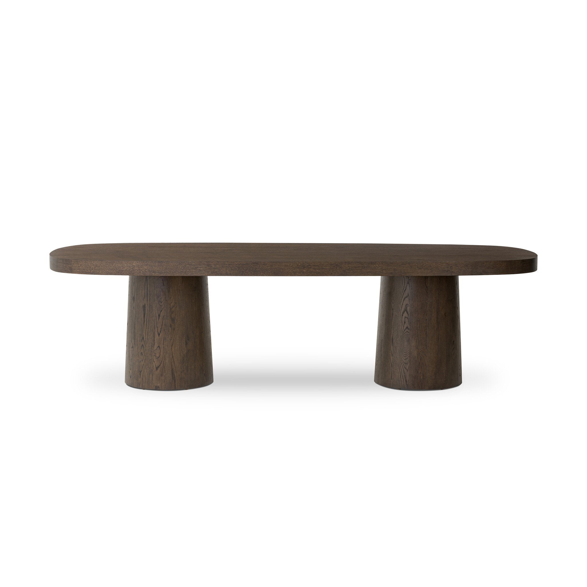 Wooden dining table with two cylindrical legs on a white background.