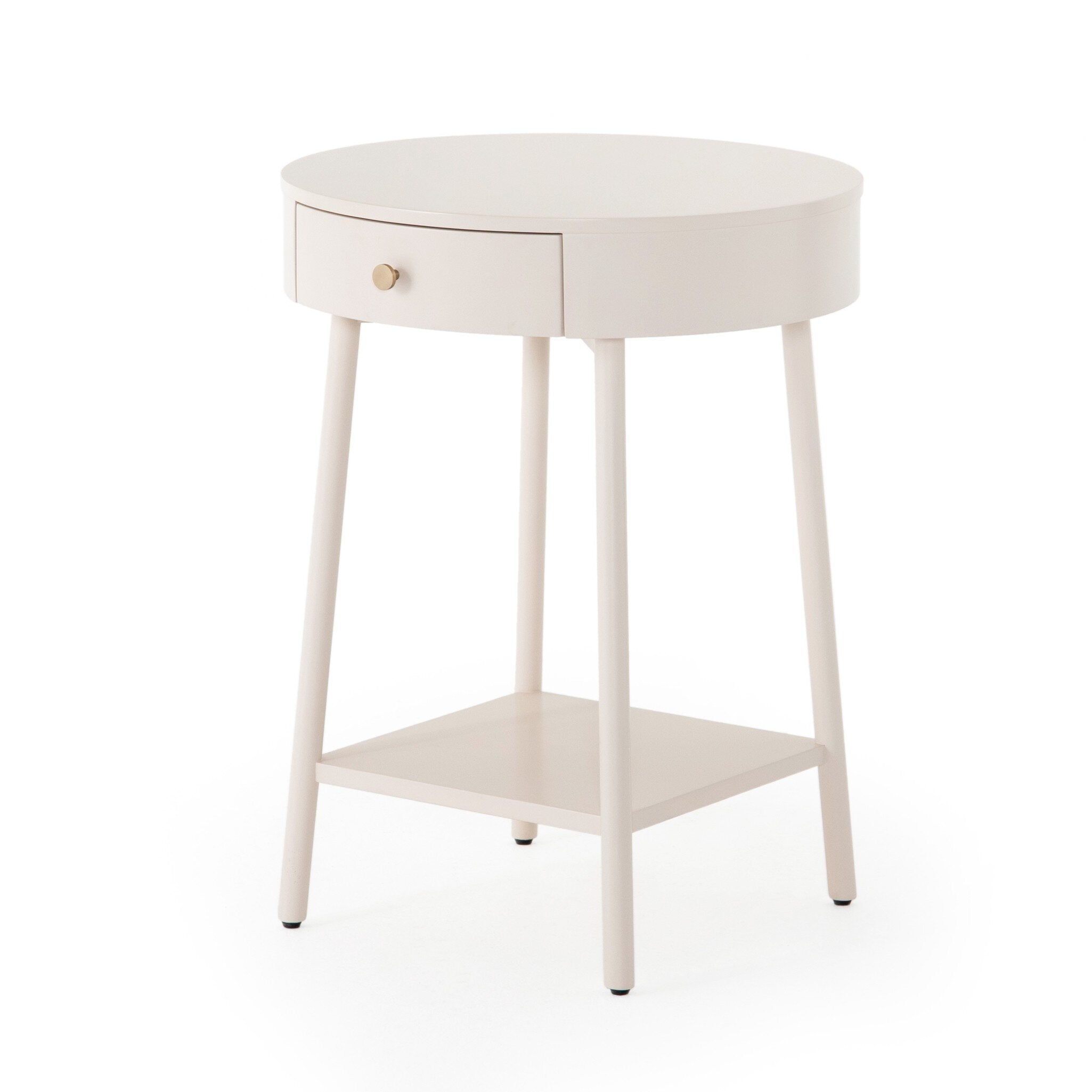 White nightstand with a drawer on a white background.