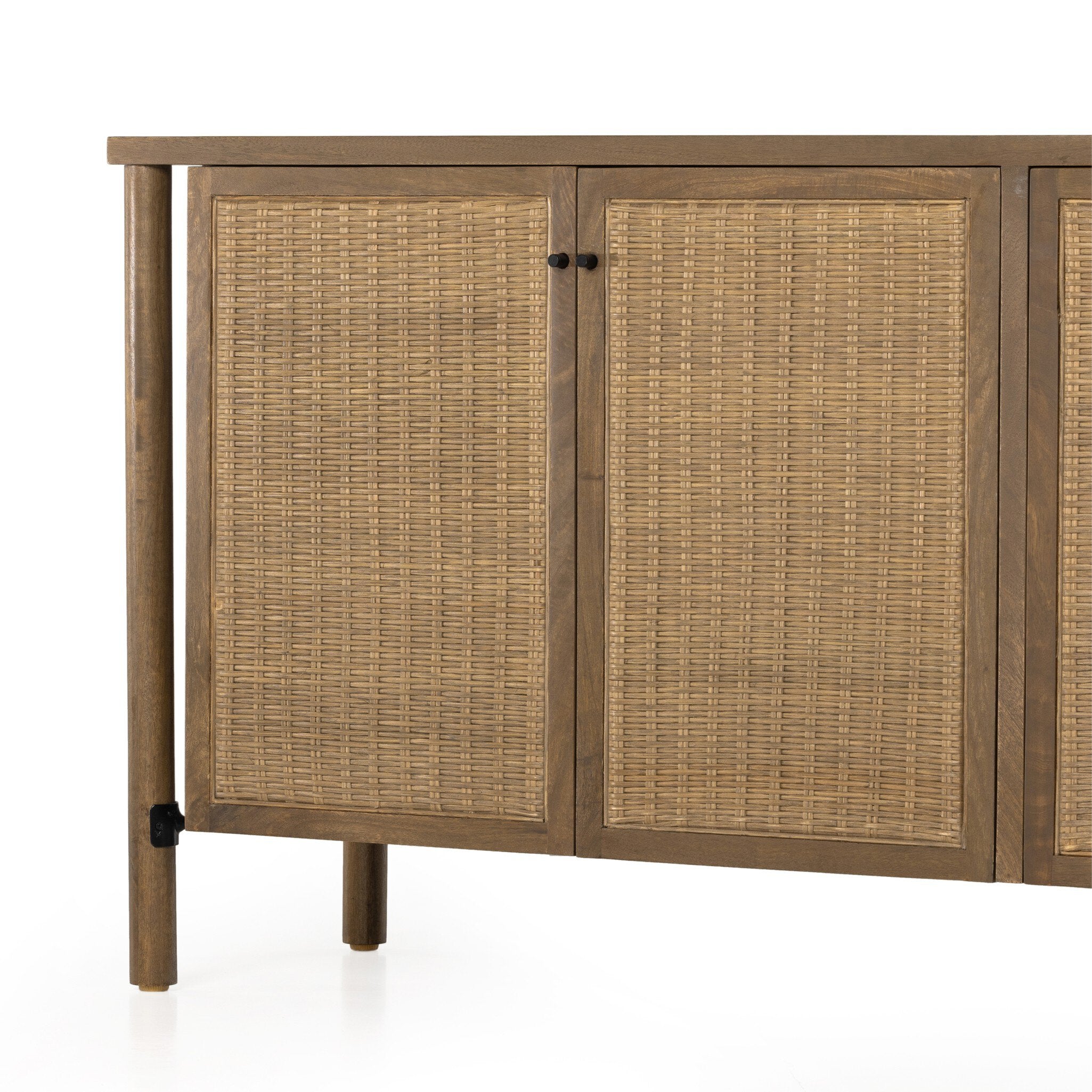 Wooden sideboard with rattan doors on a white background.