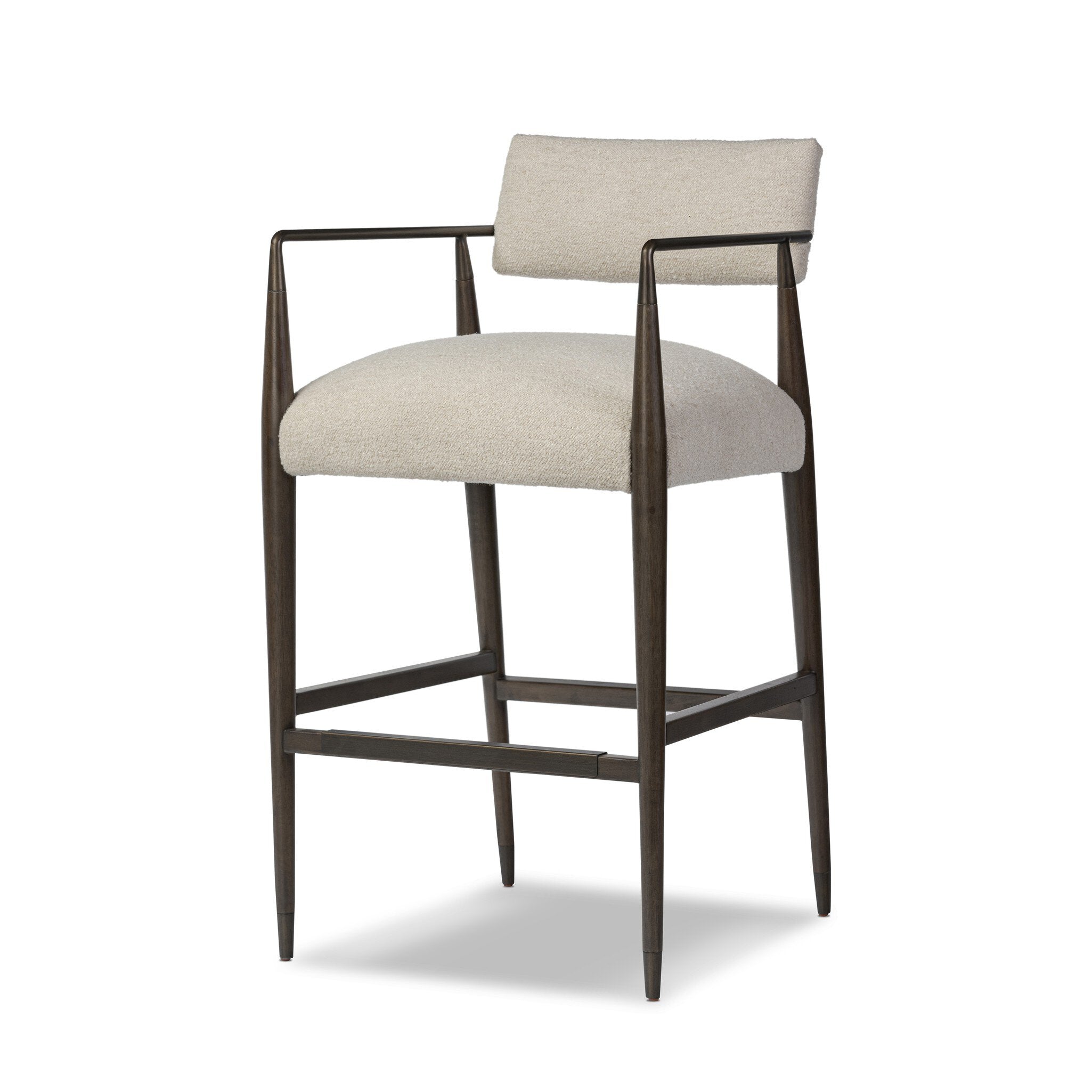 Bar stool with beige cushioned seat and backrest on a white background