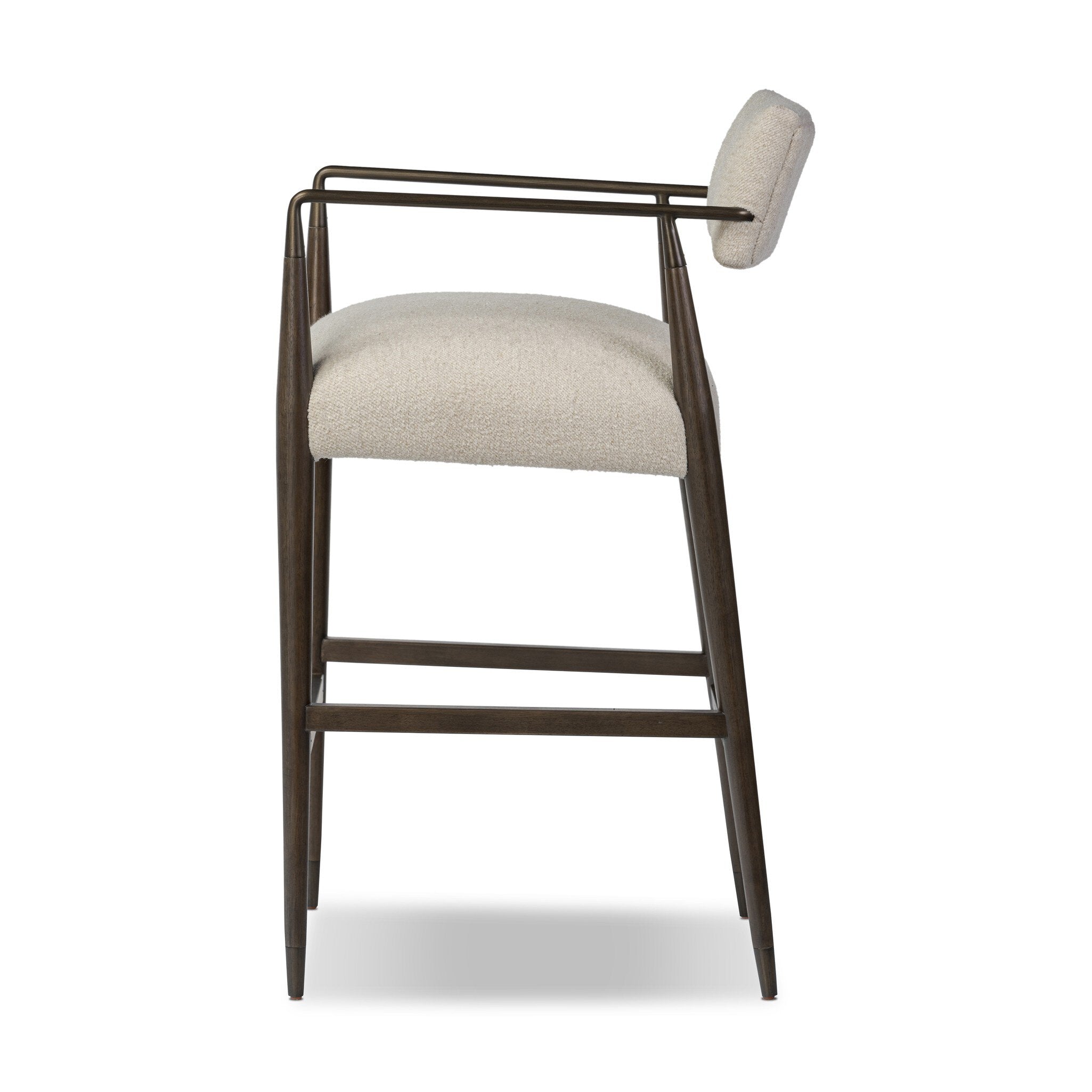 Bar stool with beige cushioned seat and backrest on a white background