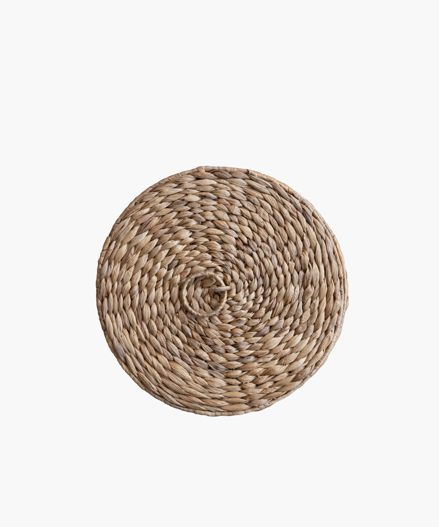 Overhead view of a Water Hyacinth Basket highlighting it's lid and natural weave texture.